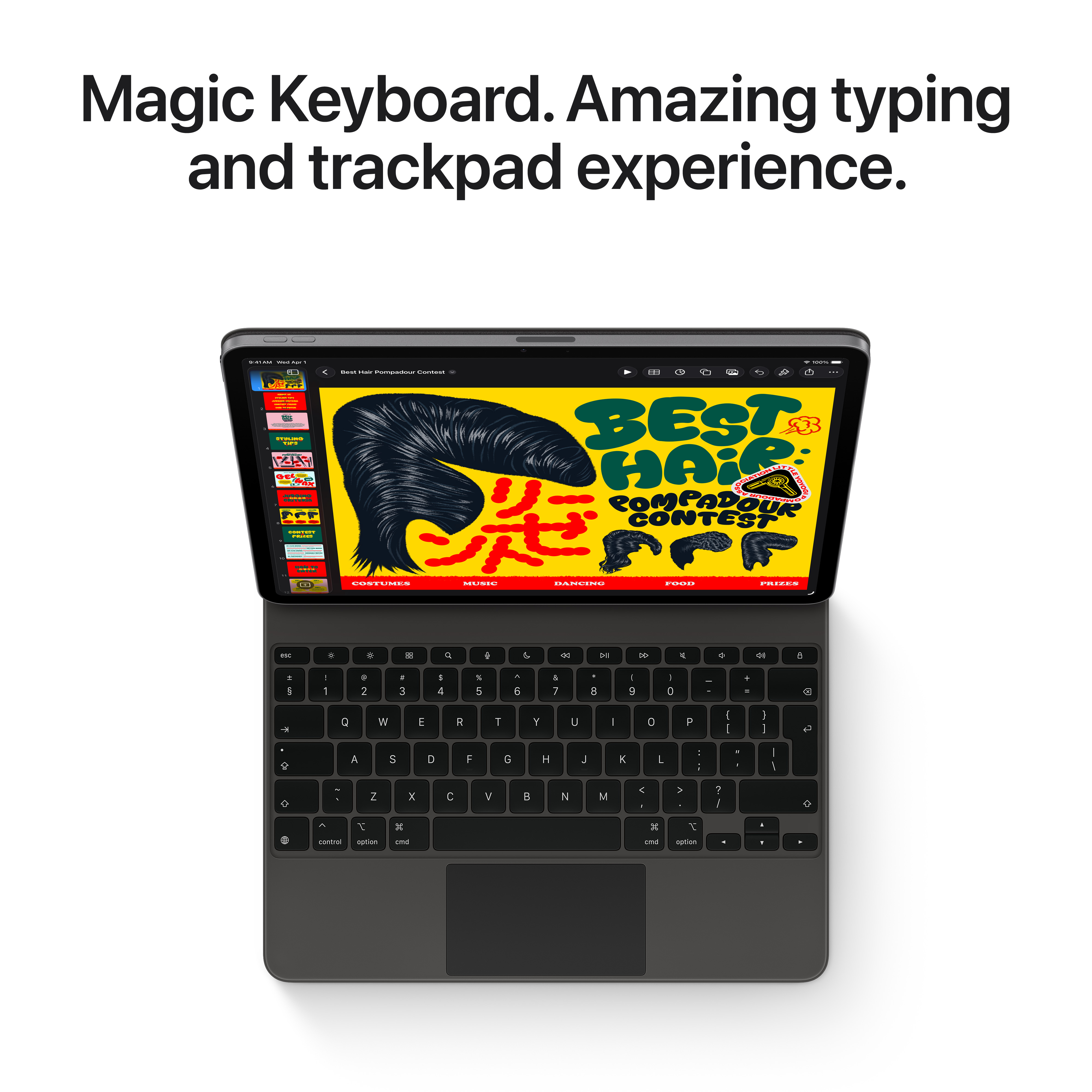 Un tablet con Magic Keyboard mostra un concorso di pompadour per capelli.