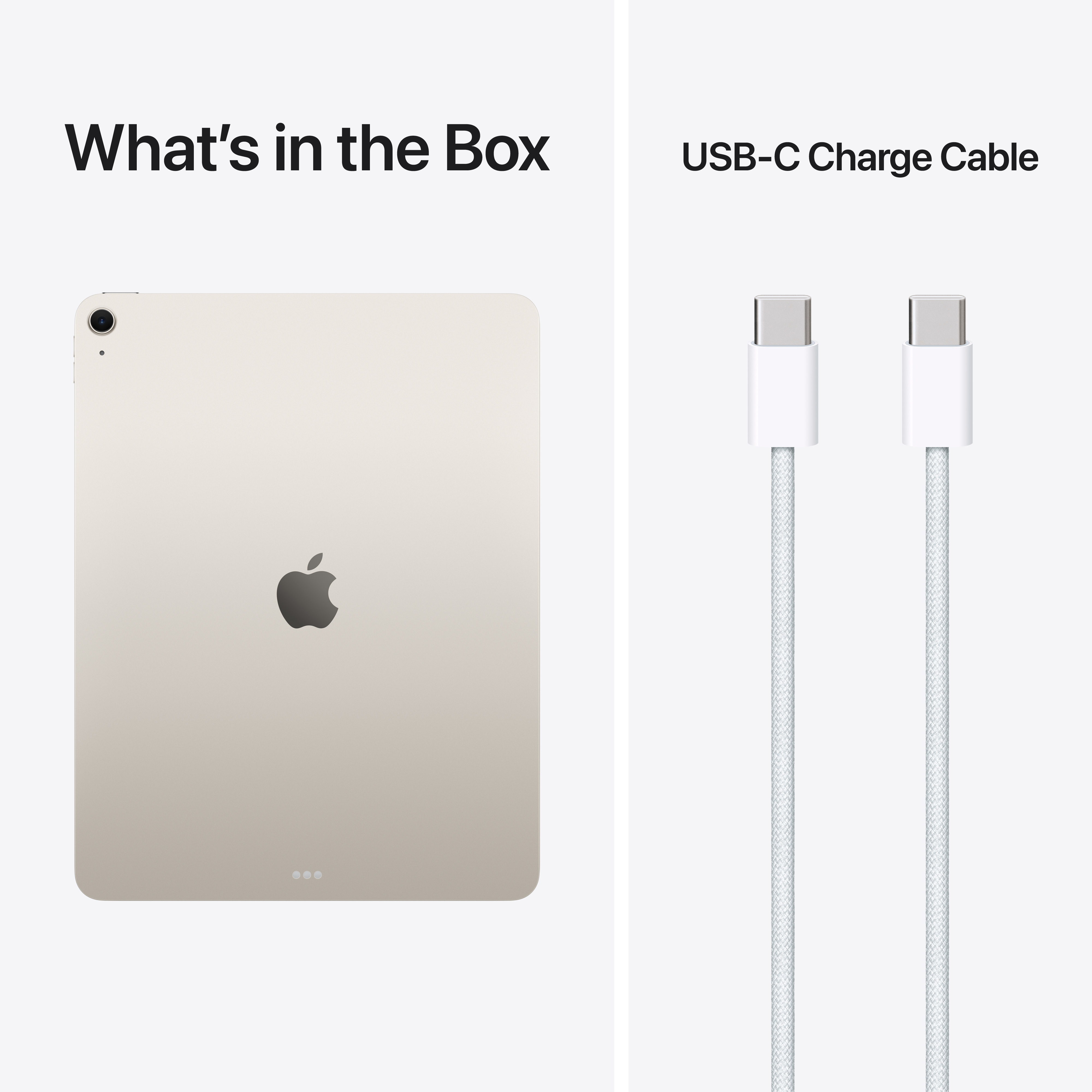Un tablet e due cavi USB-C bianchi su sfondo grigio.