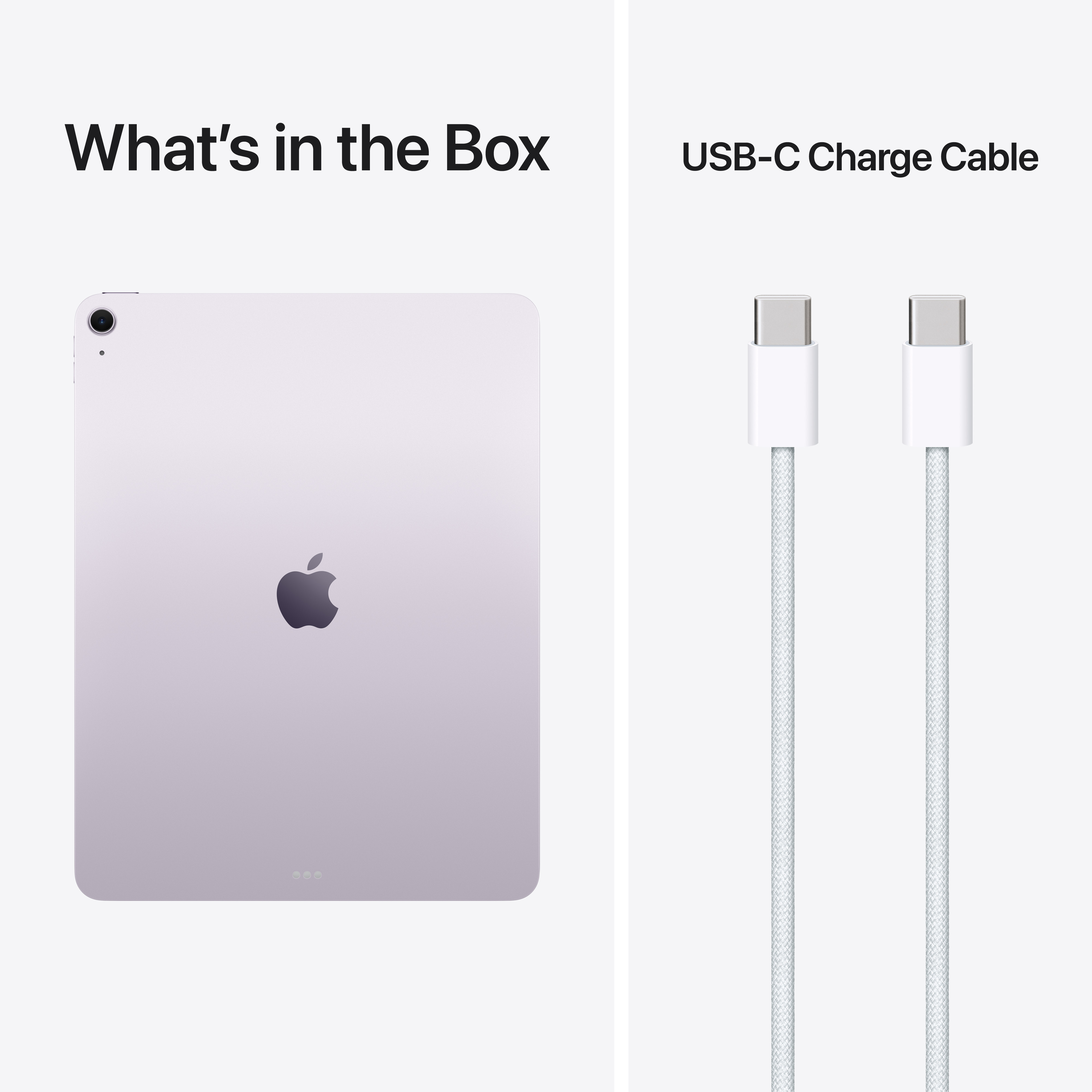Ein lila Tablet und zwei weiße USB-C-Ladekabel auf grauem Hintergrund.