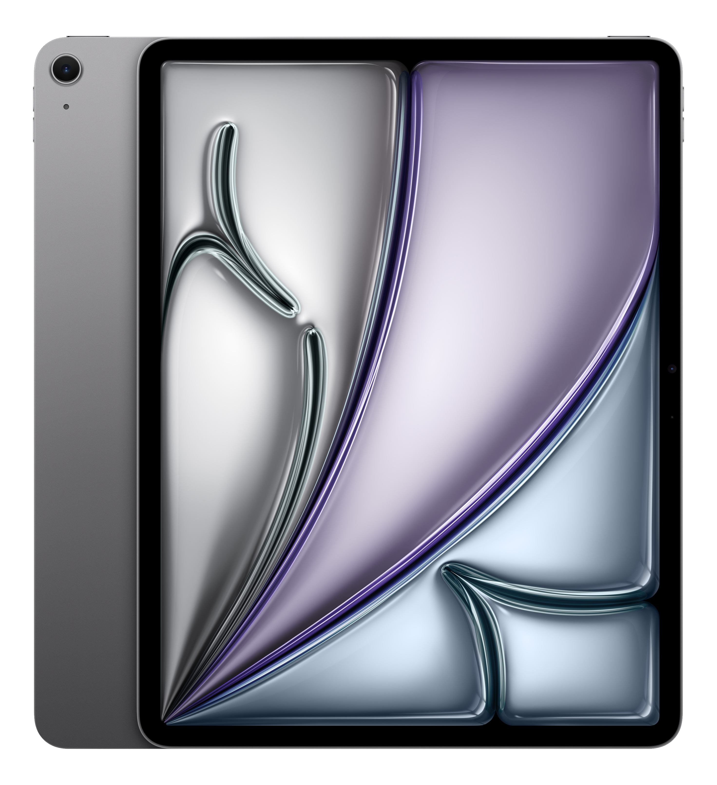 Ein graues Tablet mit einem abstrakten, glänzenden Hintergrund in Lila und Silber.