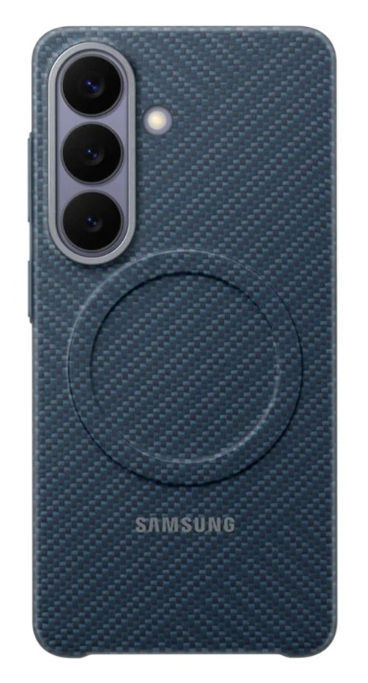 Tył niebieskiego etui na telefon z trzema aparatami i kółkiem.