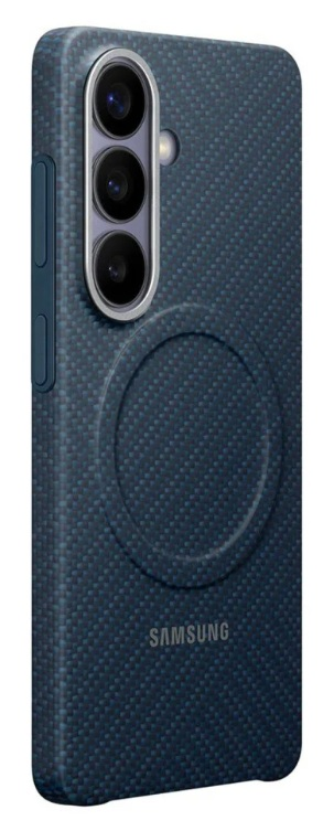 Ciemnoniebieskie etui na telefon z obiektywami i logo Samsung.