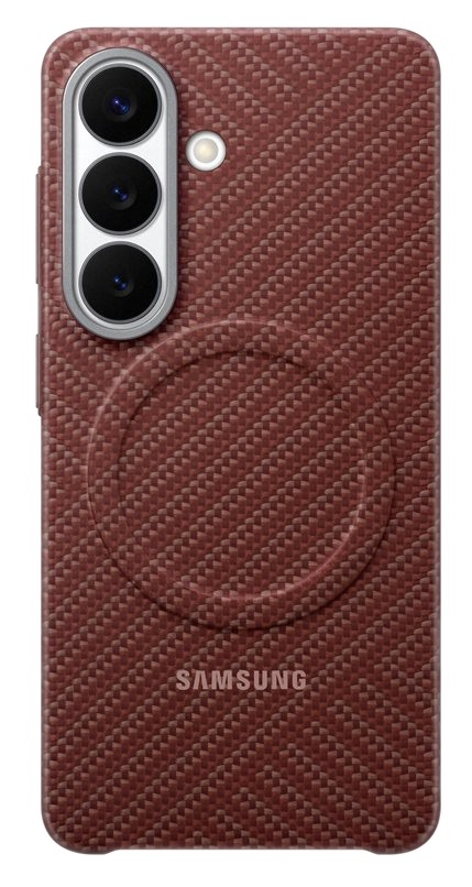 Czerwone etui na telefon z aparatami i logo Samsung.