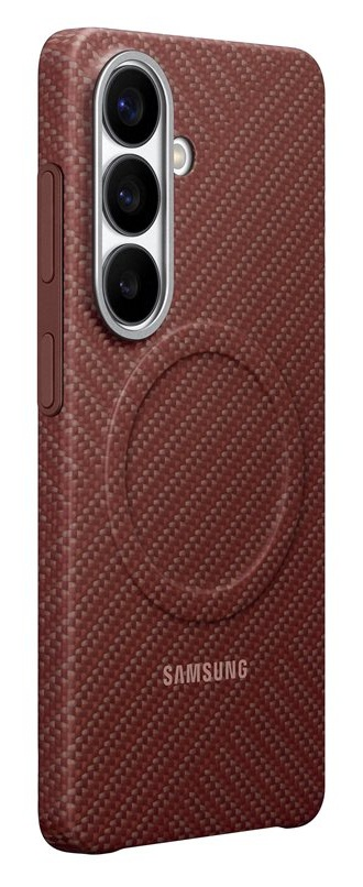 Czerwone etui na telefon z trzema aparatami i logo Samsung.