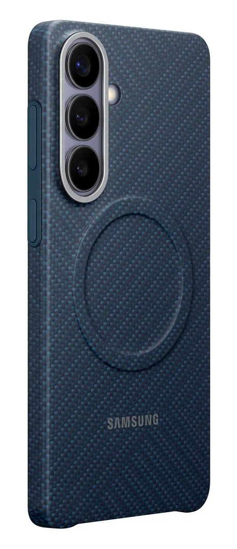 Ciemnoniebieskie etui na telefon z aparatami i logo Samsung.