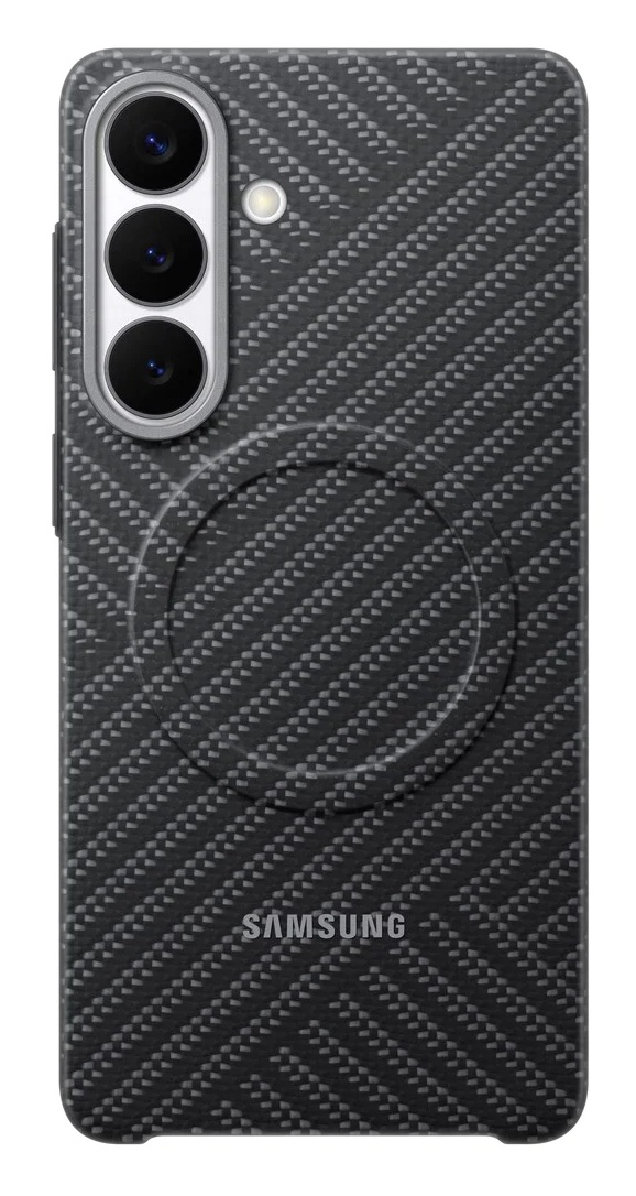 Tył czarnego telefonu Samsung z wzorem karbonowym i potrójnym aparatem.