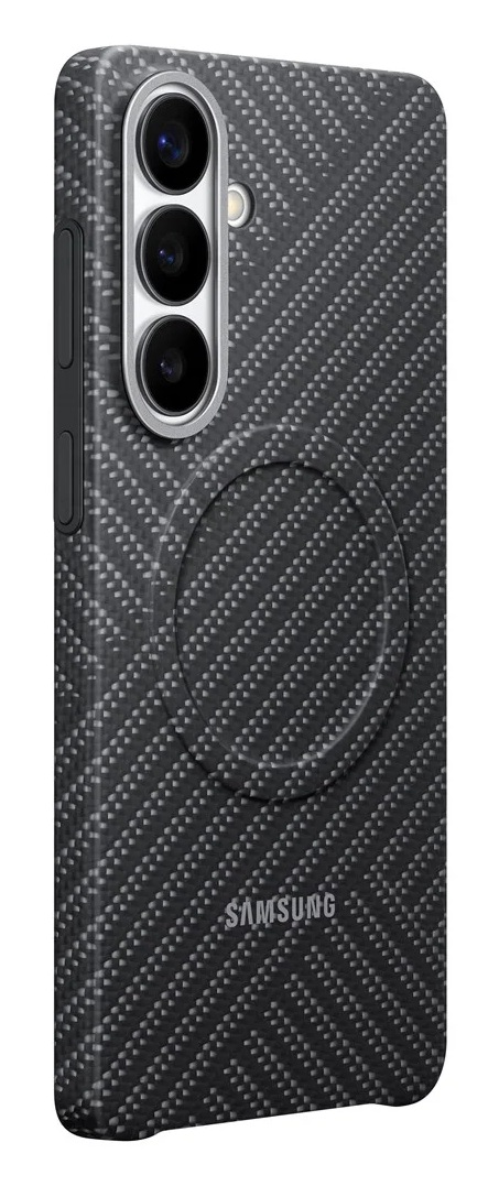 Czarny telefon Samsung ze wzorem węglowym i trzema aparatami.