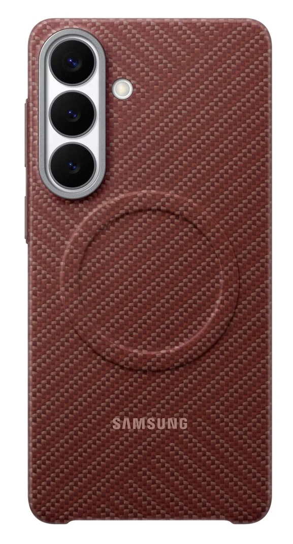 Czerwone etui na telefon z aparatami i logo Samsung.