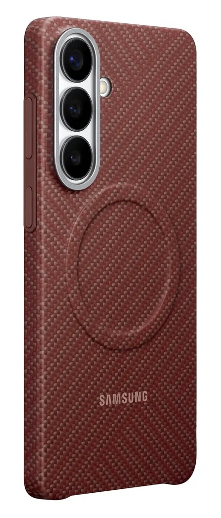 Brązowe etui na telefon z modułem aparatu i logo Samsung.