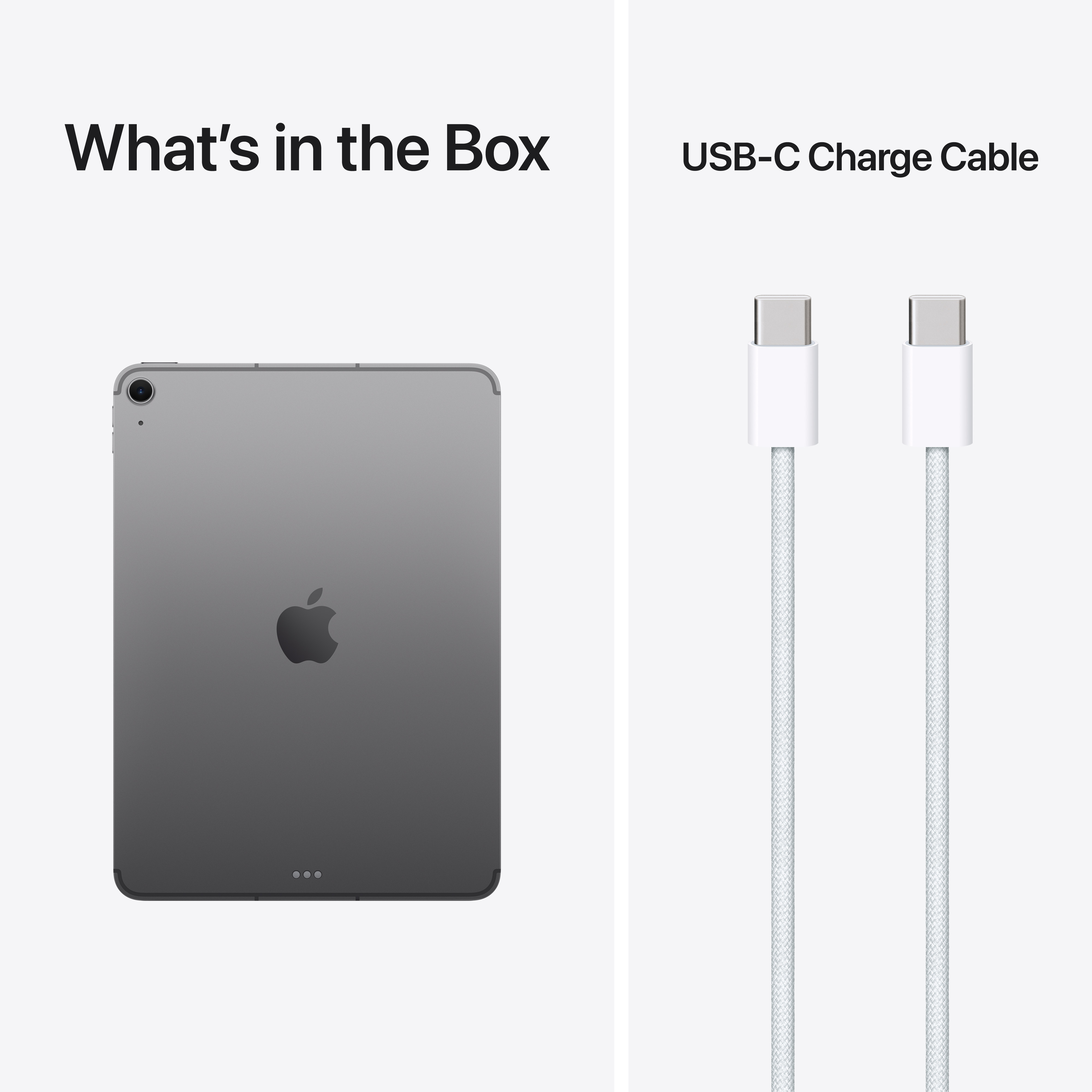 Ein graues Tablet und zwei weiße USB-C-Kabel auf weißem Hintergrund.