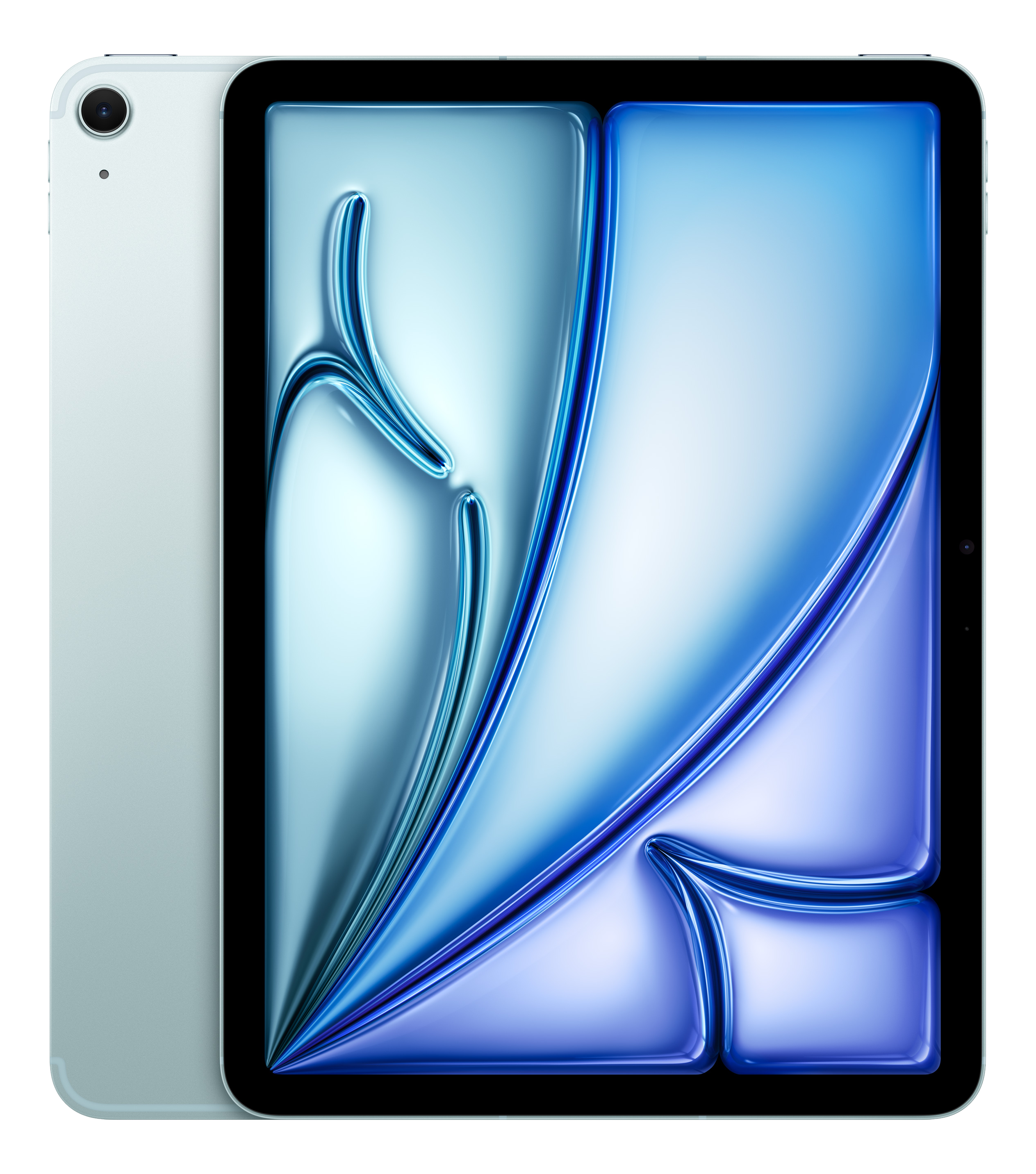 Ein hellblaues Tablet mit einem abstrakt blauen Hintergrund auf dem Bildschirm.