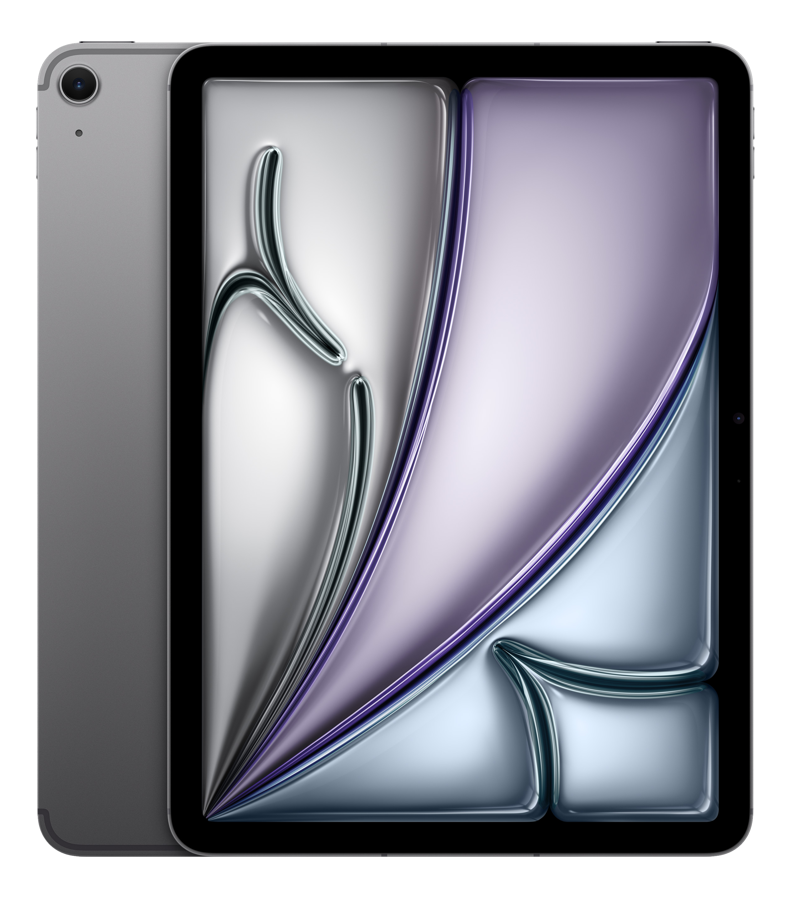 Une tablette argentée avec un design abstrait et fluide sur son écran.