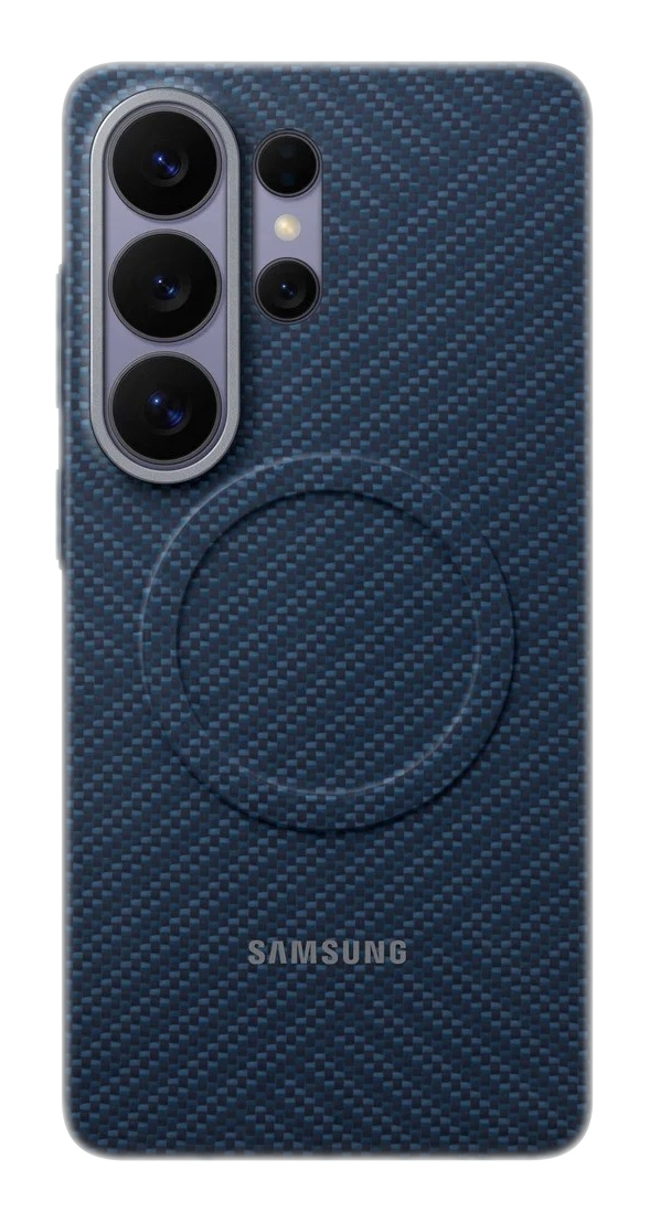 Granatowe etui na telefon z wzorem karbonu, aparatem i logo Samsung.