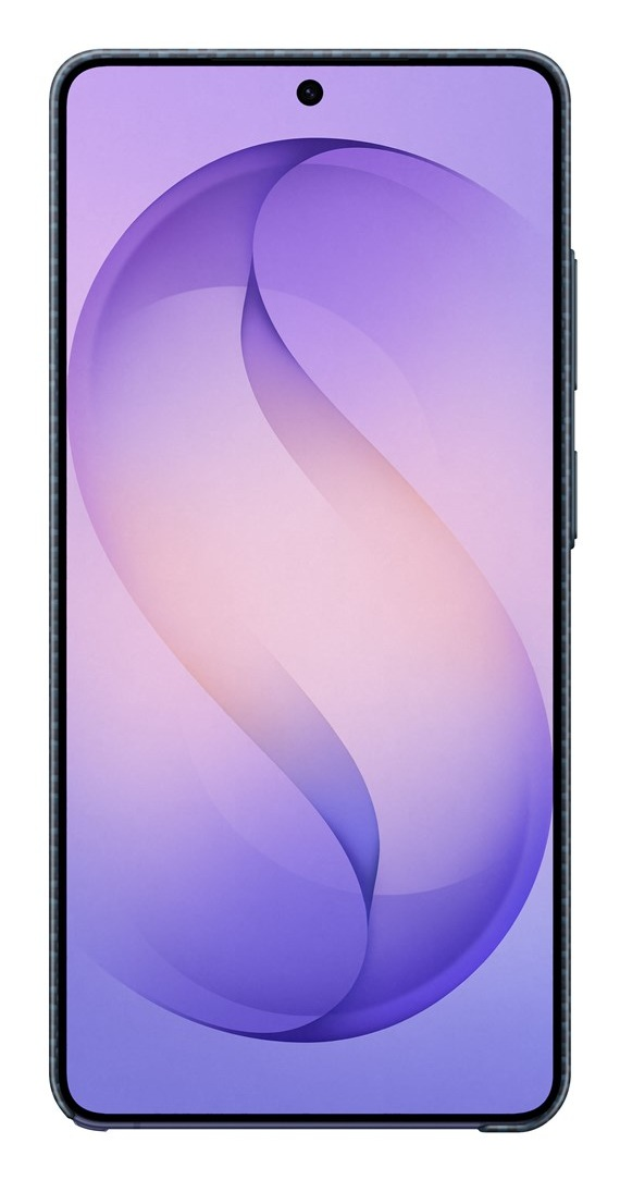 Smartfon z fioletowym tłem i stylizowanym wzorem w kształcie litery S.