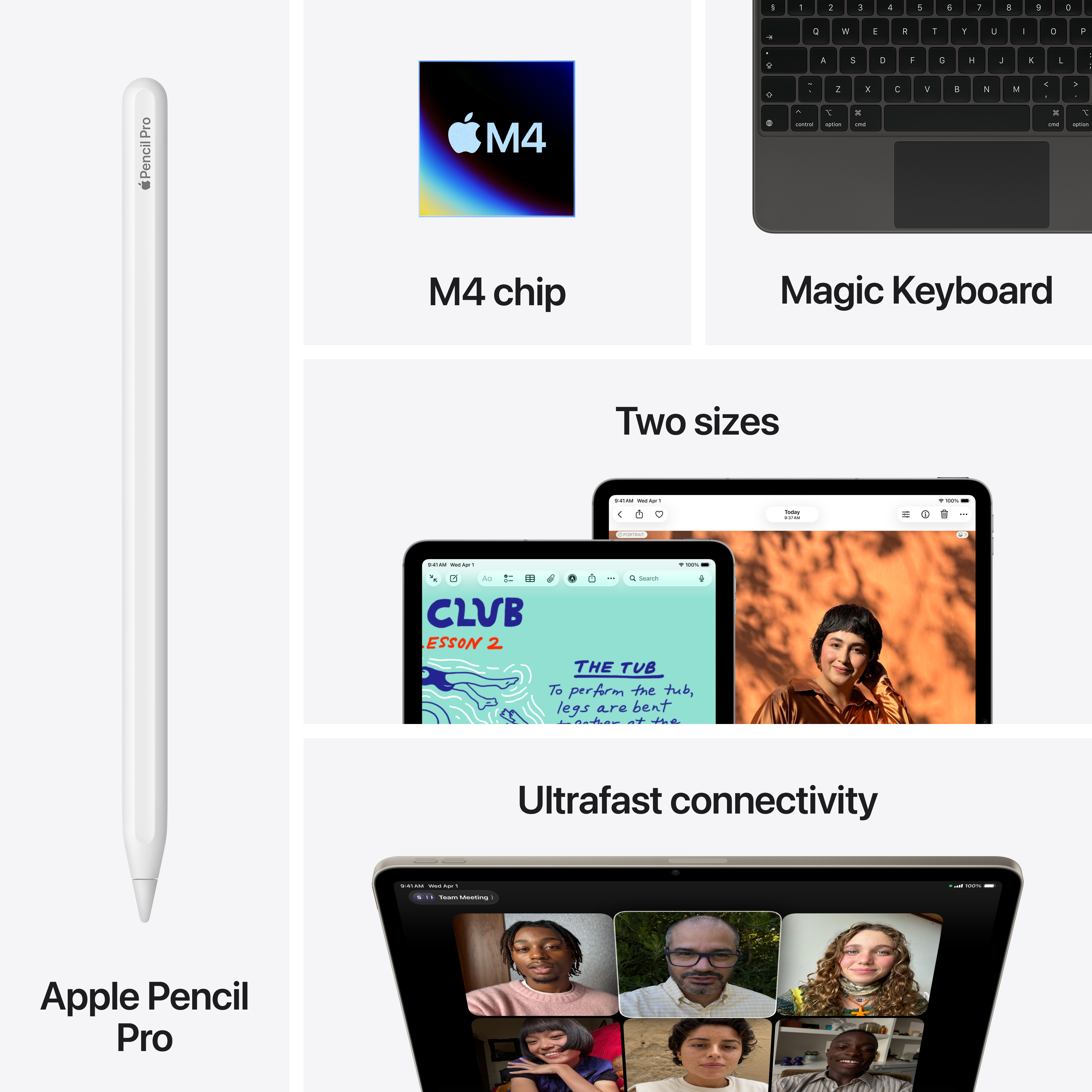 Una Apple Pencil Pro bianca, chip M4, Magic Keyboard e iPad.