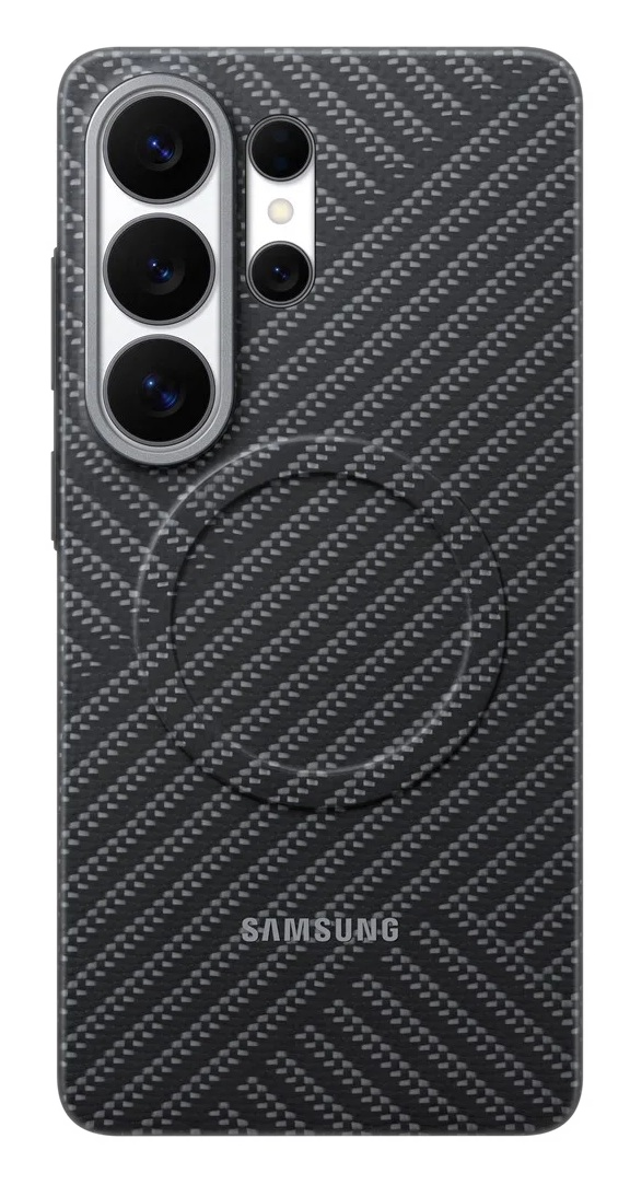 Czarna obudowa telefonu z wzorem karbonu, czterema aparatami i logo Samsung.