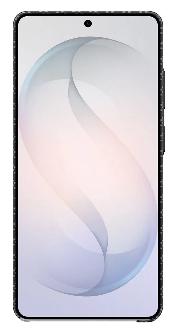 Smartfon z szaro-białą tapetą i aparatem na górze.