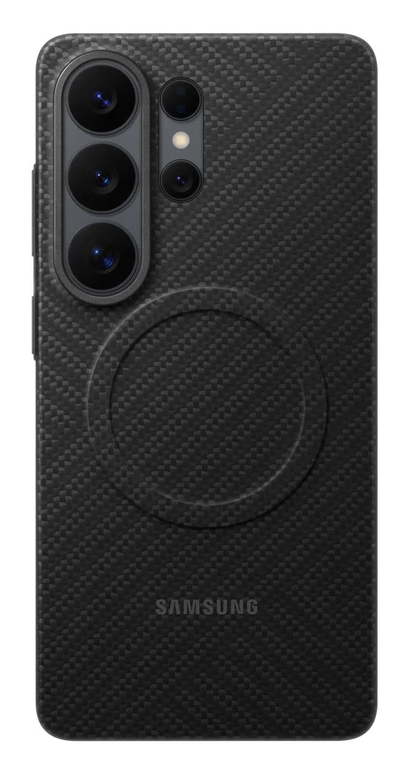 Czarne etui na telefon z wzorem włókna węglowego, aparatami i logo Samsung.