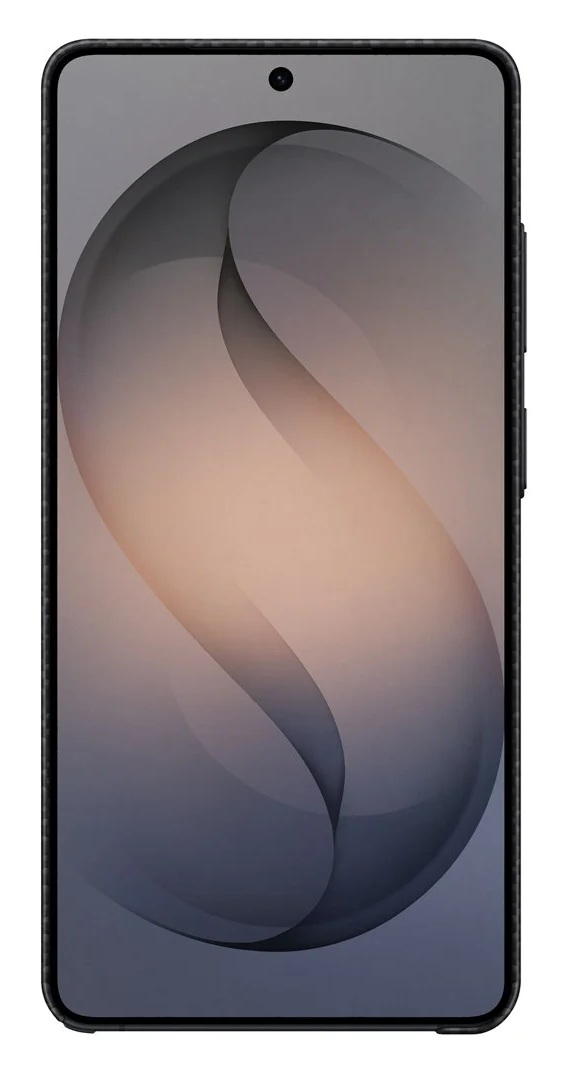 Smartfon z ciemnym ekranem i abstrakcyjnym wzorem.