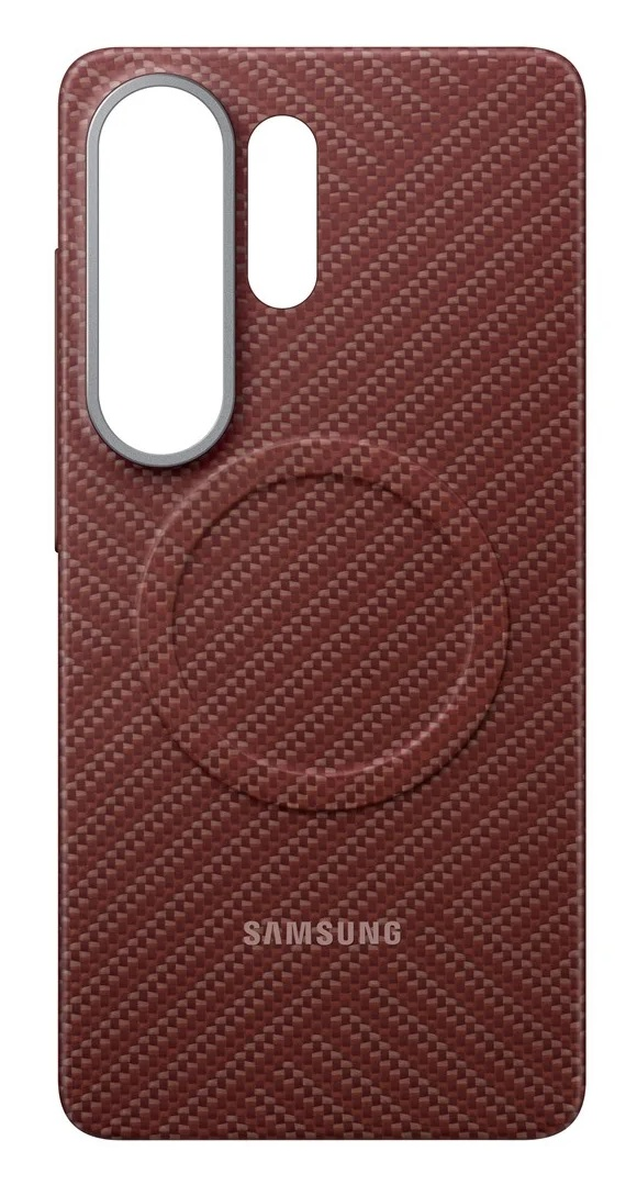 Czerwone etui z wzorem, wycięciem na aparat i logo Samsung.