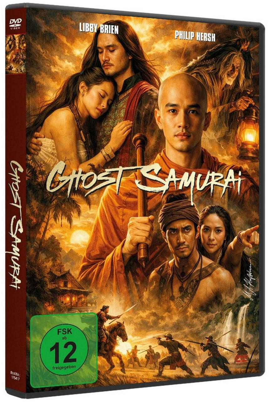 Ghost Samurai DVD Cover: Männer und Frauen in traditioneller Kleidung, mit Bambuswäldern und Wasserfall.