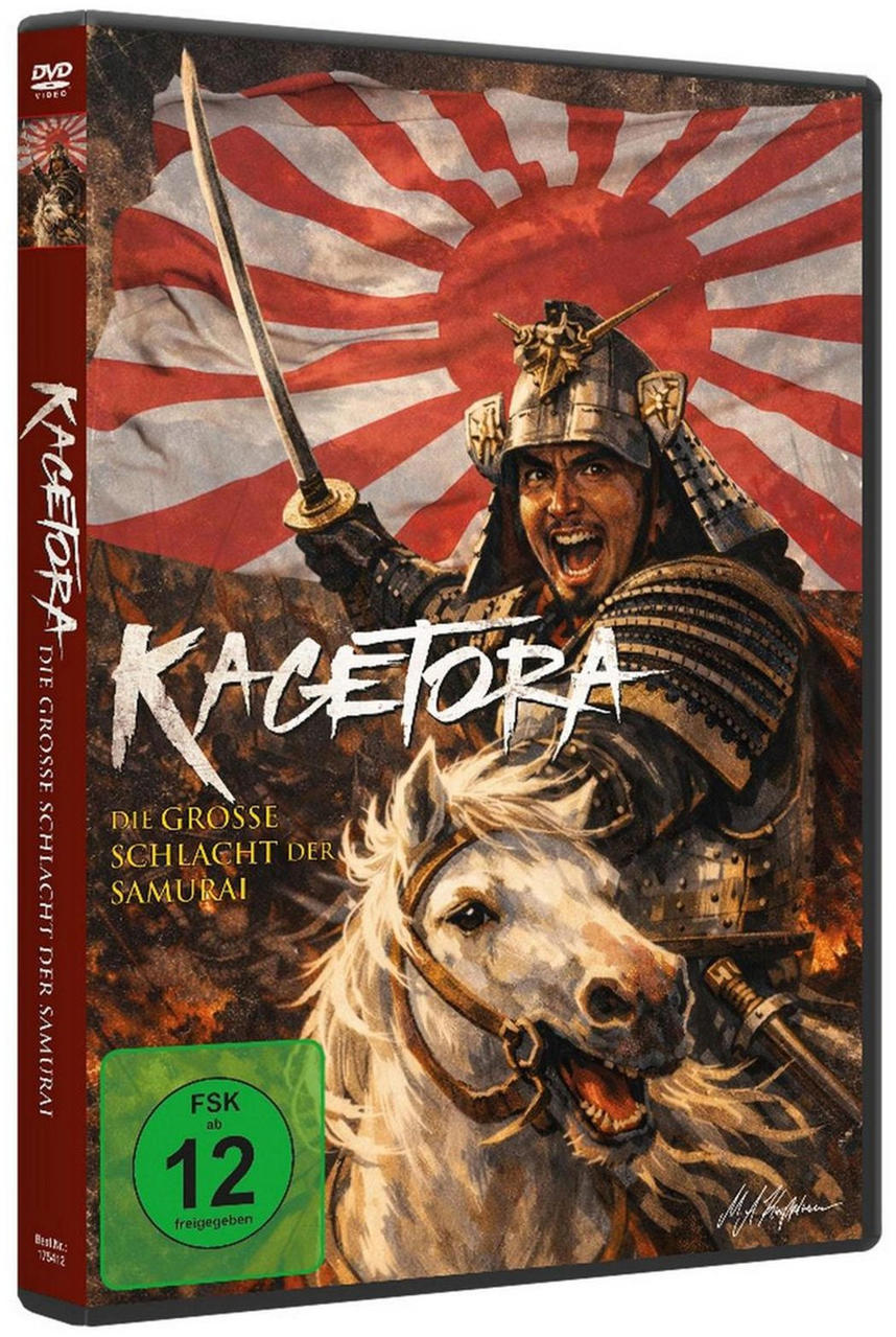 Ein Samurai auf einem weißen Pferd hält ein Schwert vor einem roten Banner mit Strahlen.