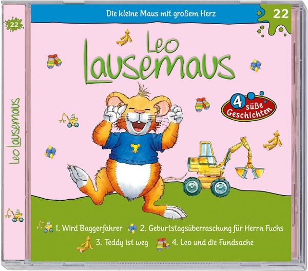 Leo Lausemaus CD-Cover mit einer lachenden Maus, Bagger und Titelliste.