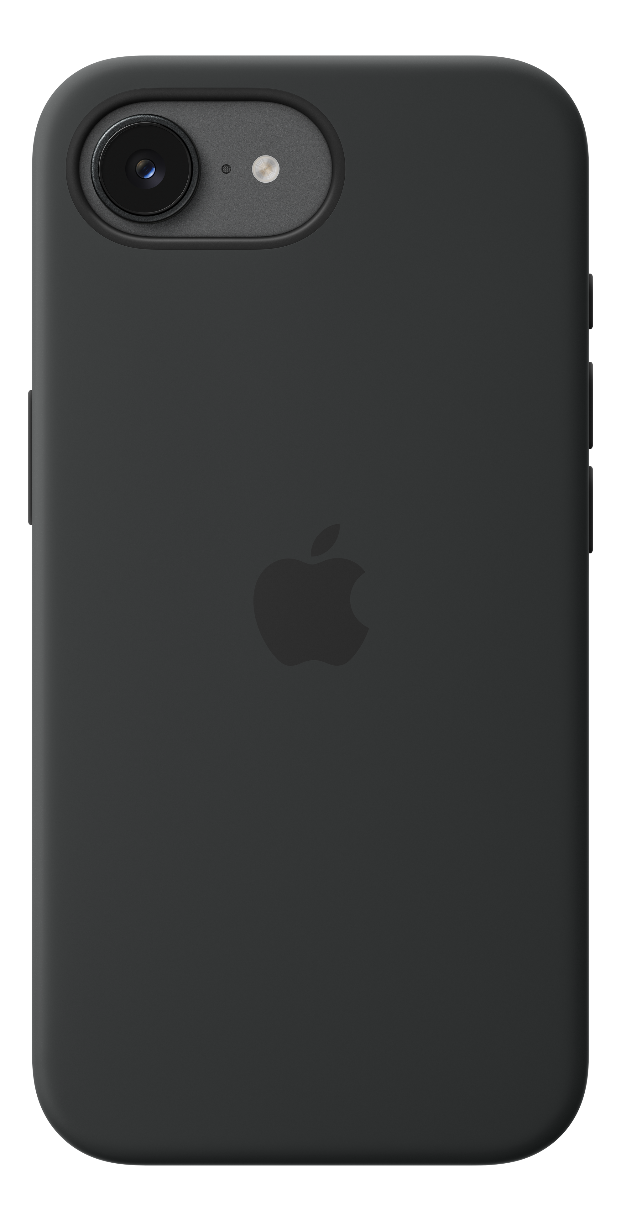Custodia iPhone grigio scuro con logo Apple e obiettivo fotocamera.
