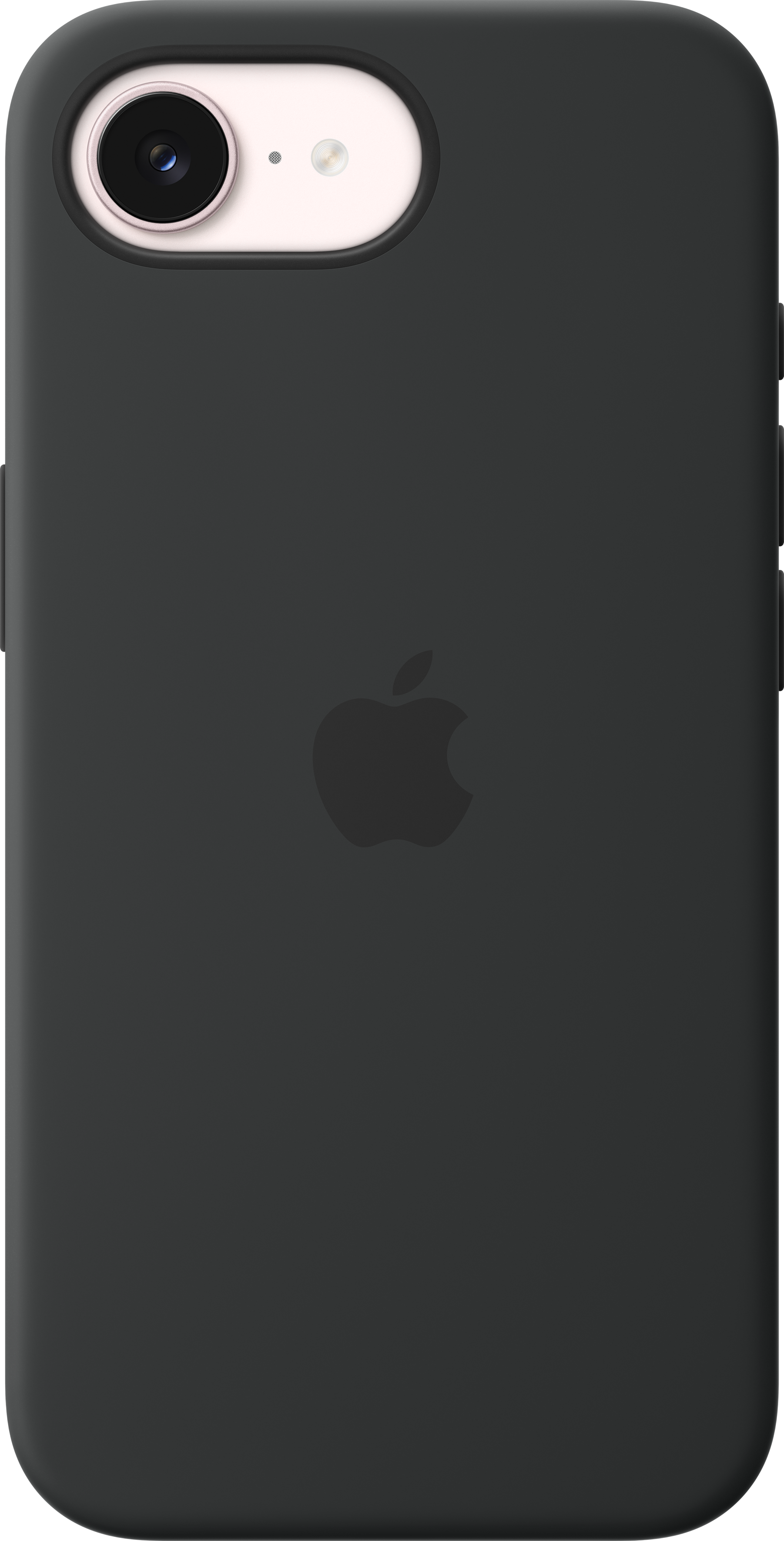 Custodia nera per iPhone con logo Apple e foro per fotocamera.