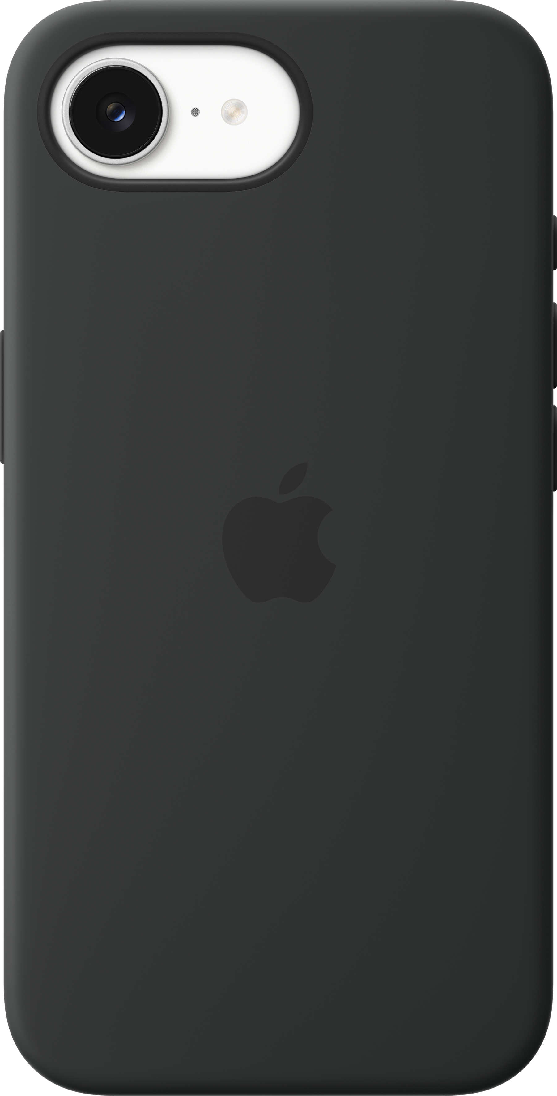 Custodia nera per telefono con logo Apple e foro fotocamera.