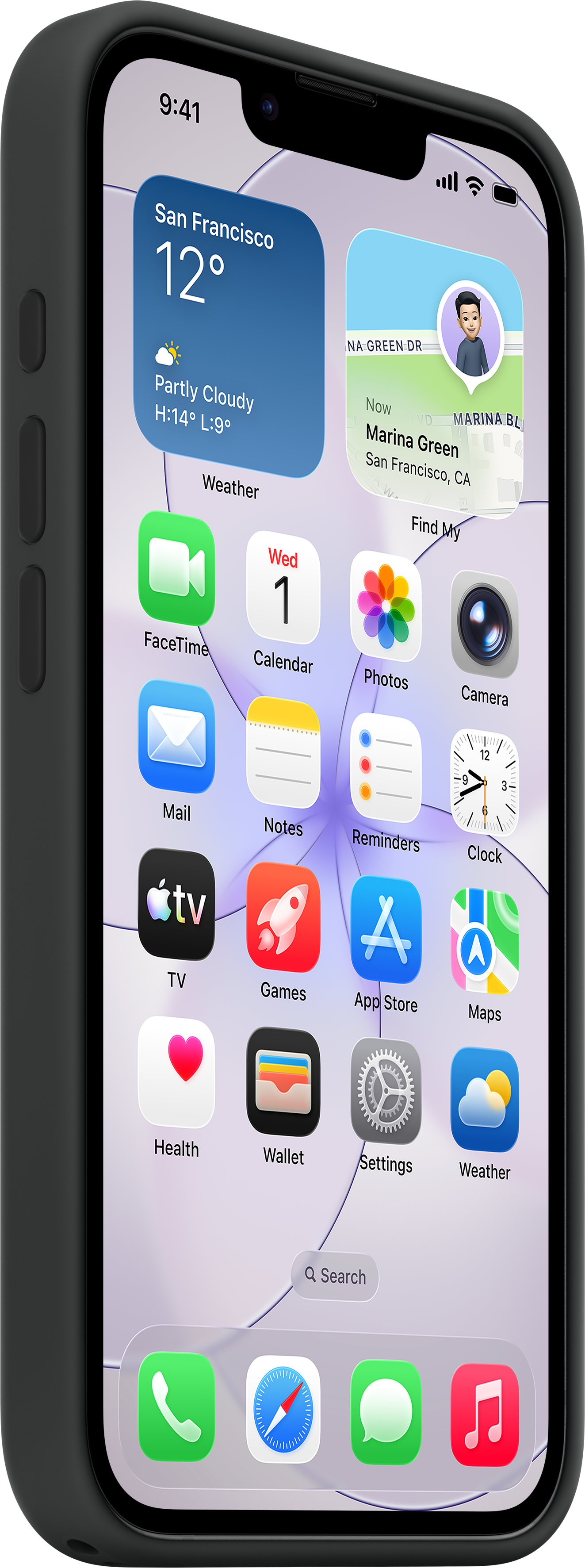 Schermata principale iPhone con app come Meteo, Calendario, Foto e Telefono.