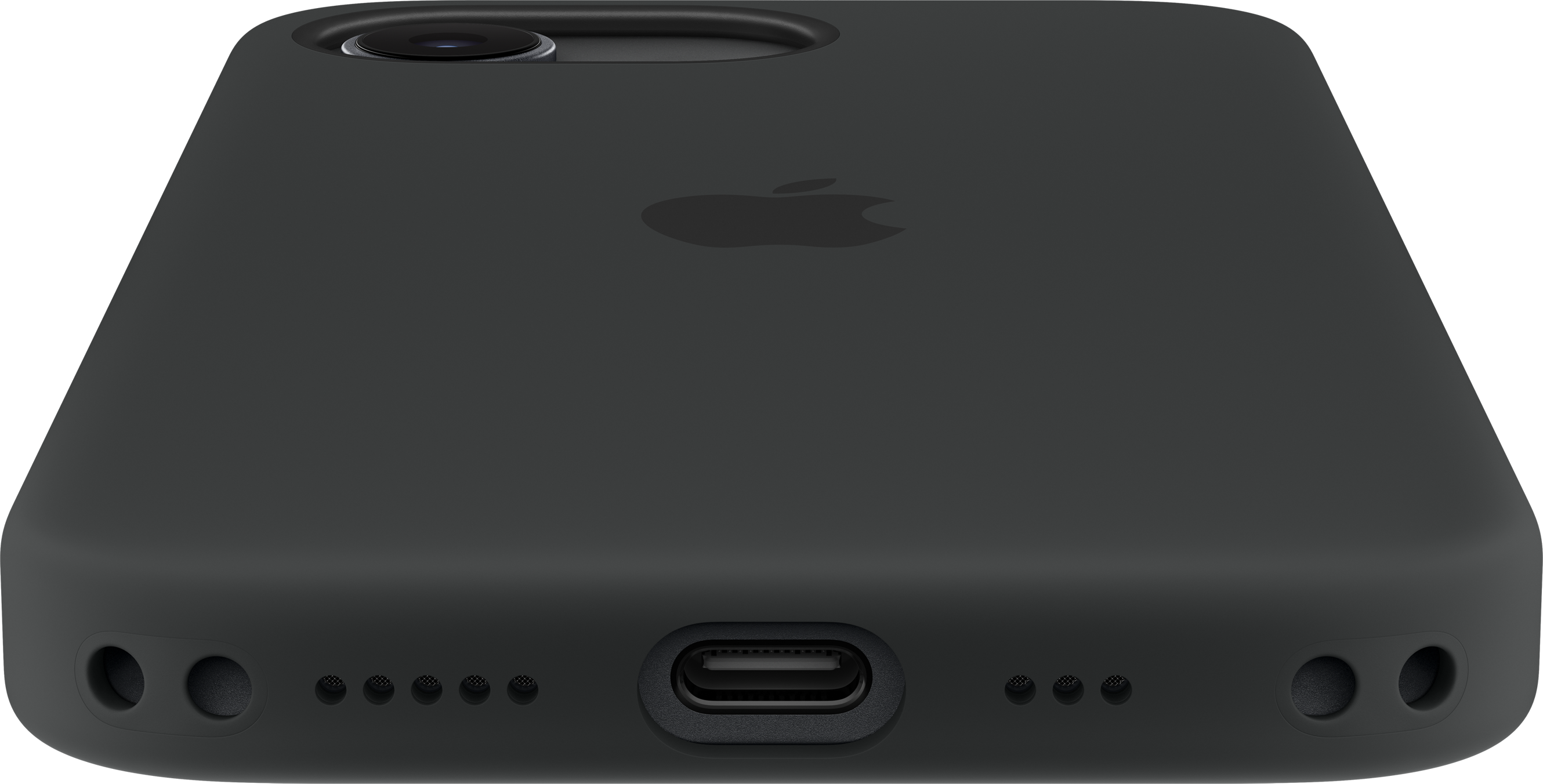 iPhone grigio scuro con logo Apple e porta di ricarica.