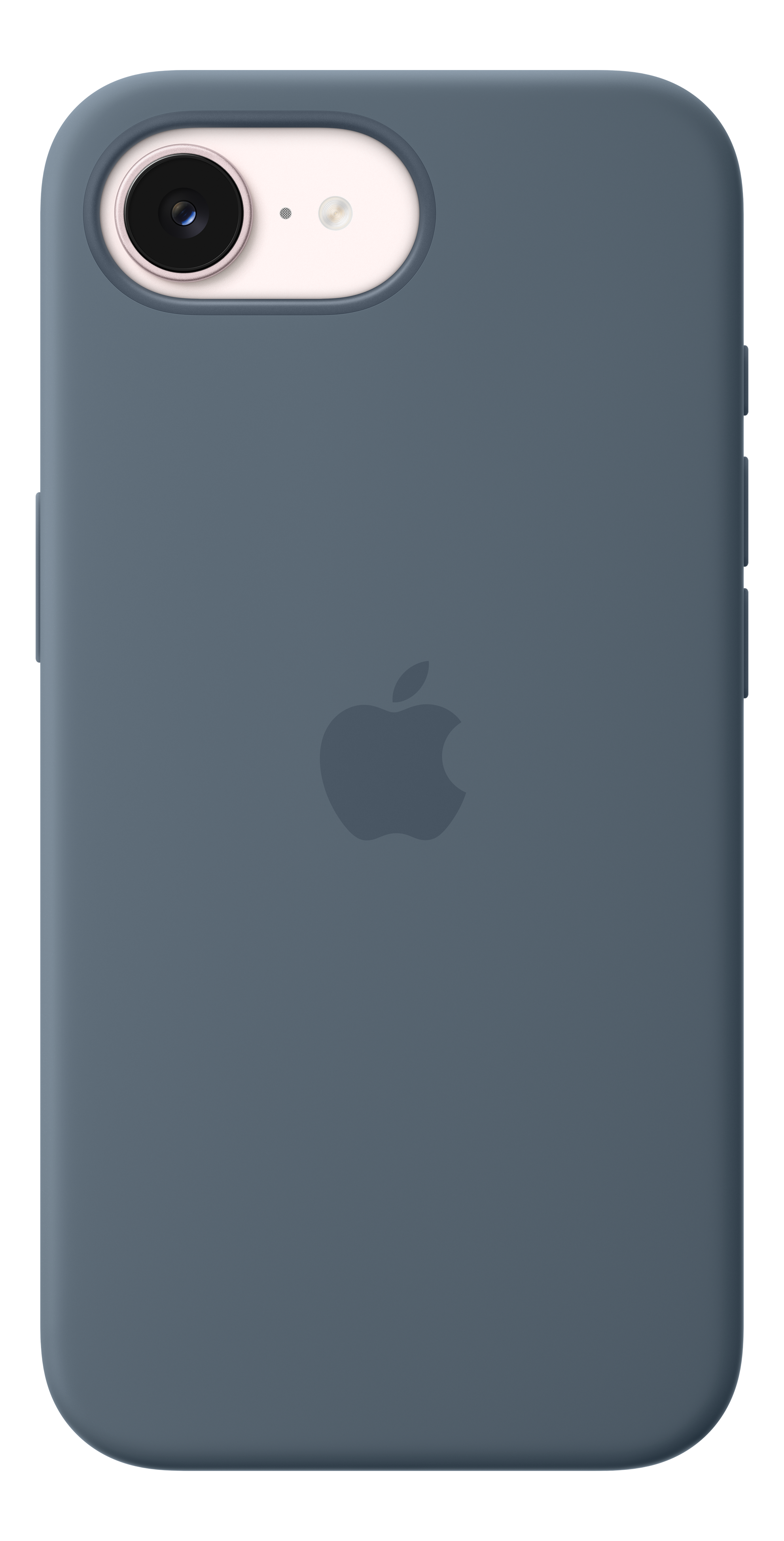 Retro di una custodia blu per iPhone con logo Apple e foro fotocamera.