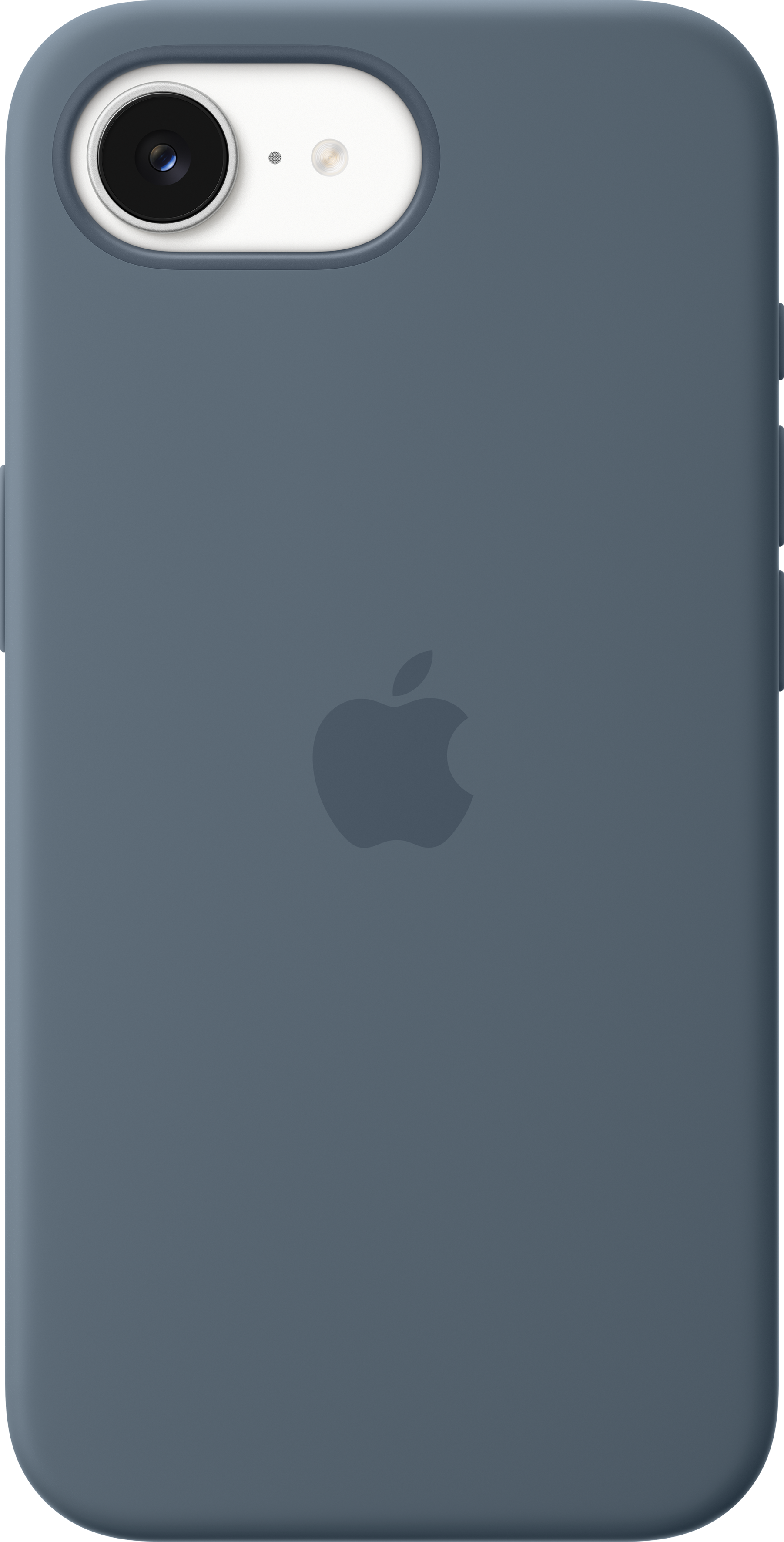 Custodia blu scuro per iPhone con logo Apple e lente.
