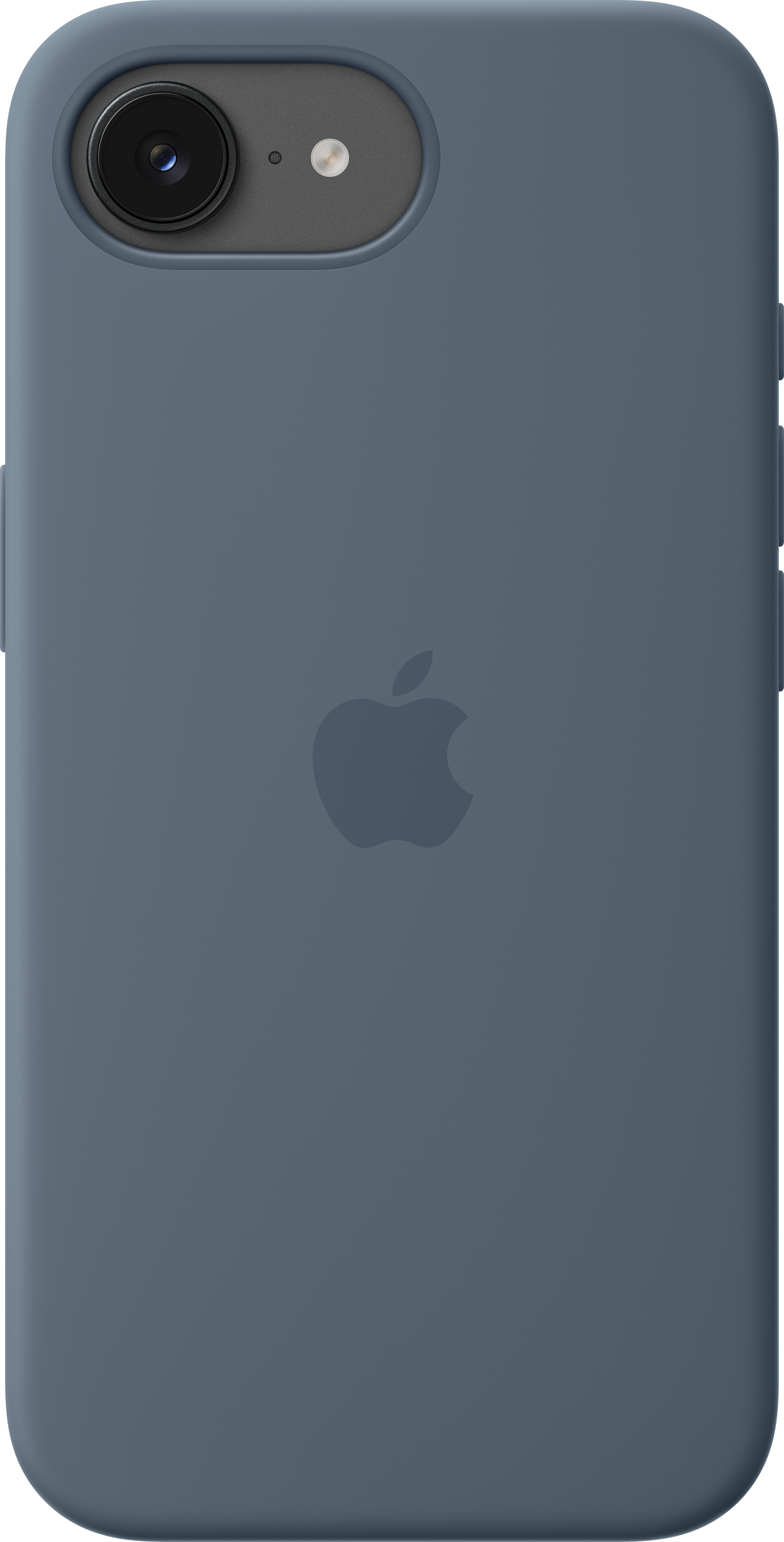 Custodia grigia per telefono con logo Apple e lente.