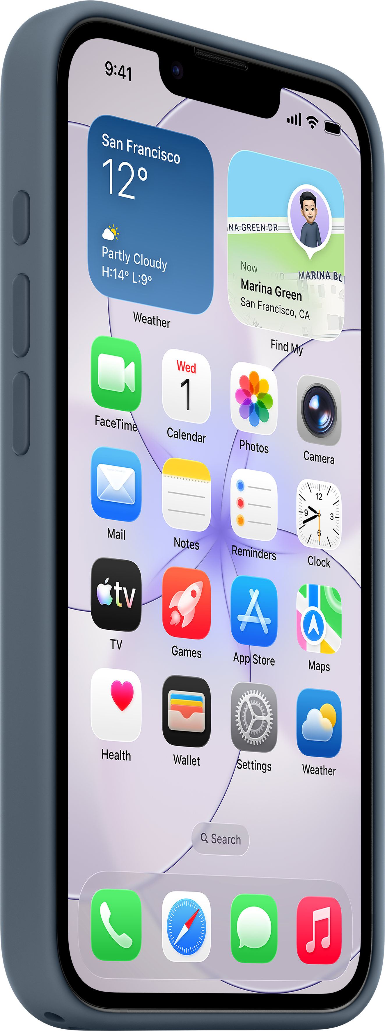 Una schermata home iPhone che mostra widget per meteo, calendario e contatti.