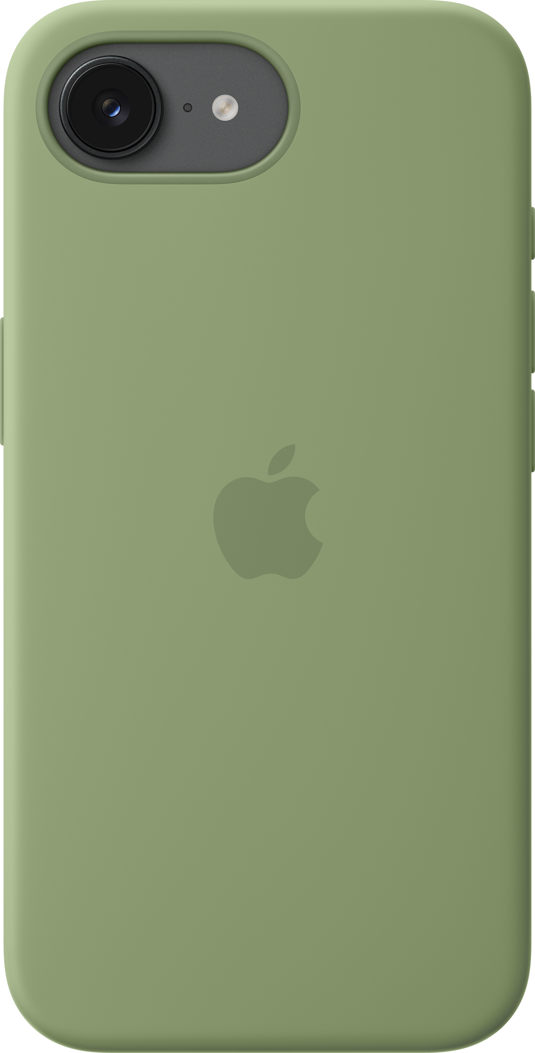 Una cover verde per telefono con logo Apple e foro per la fotocamera.