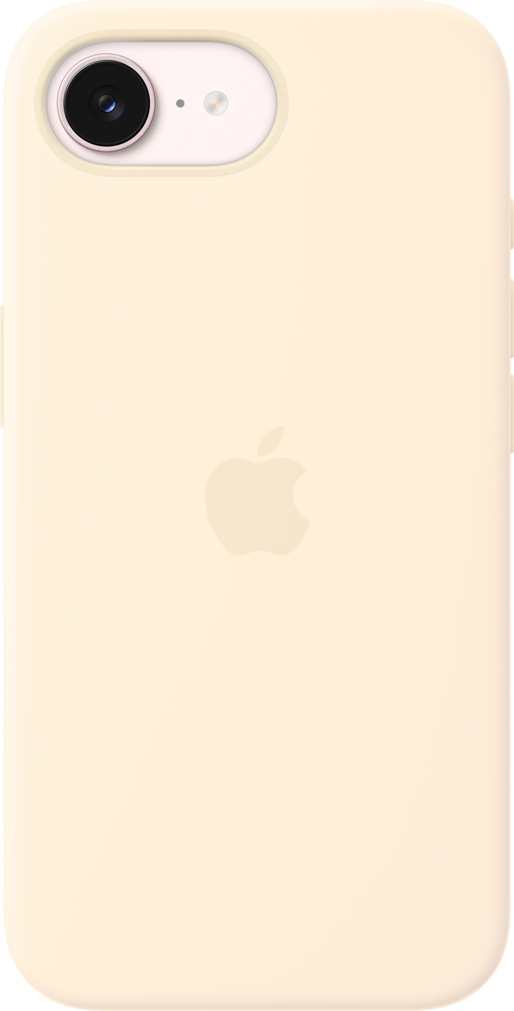 Una custodia per telefono giallo chiaro con logo Apple al centro e una singola lente della fotocamera in alto.