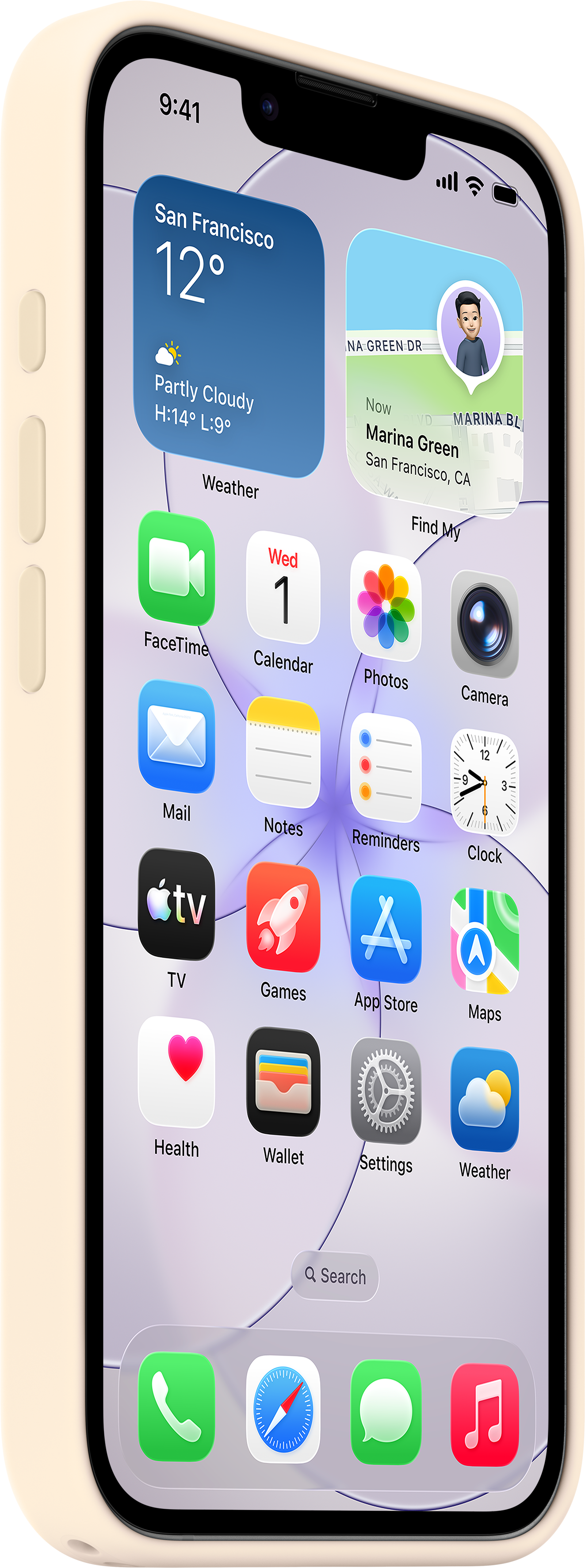 Una schermata home di iPhone che mostra widget per meteo, calendario e posizione.