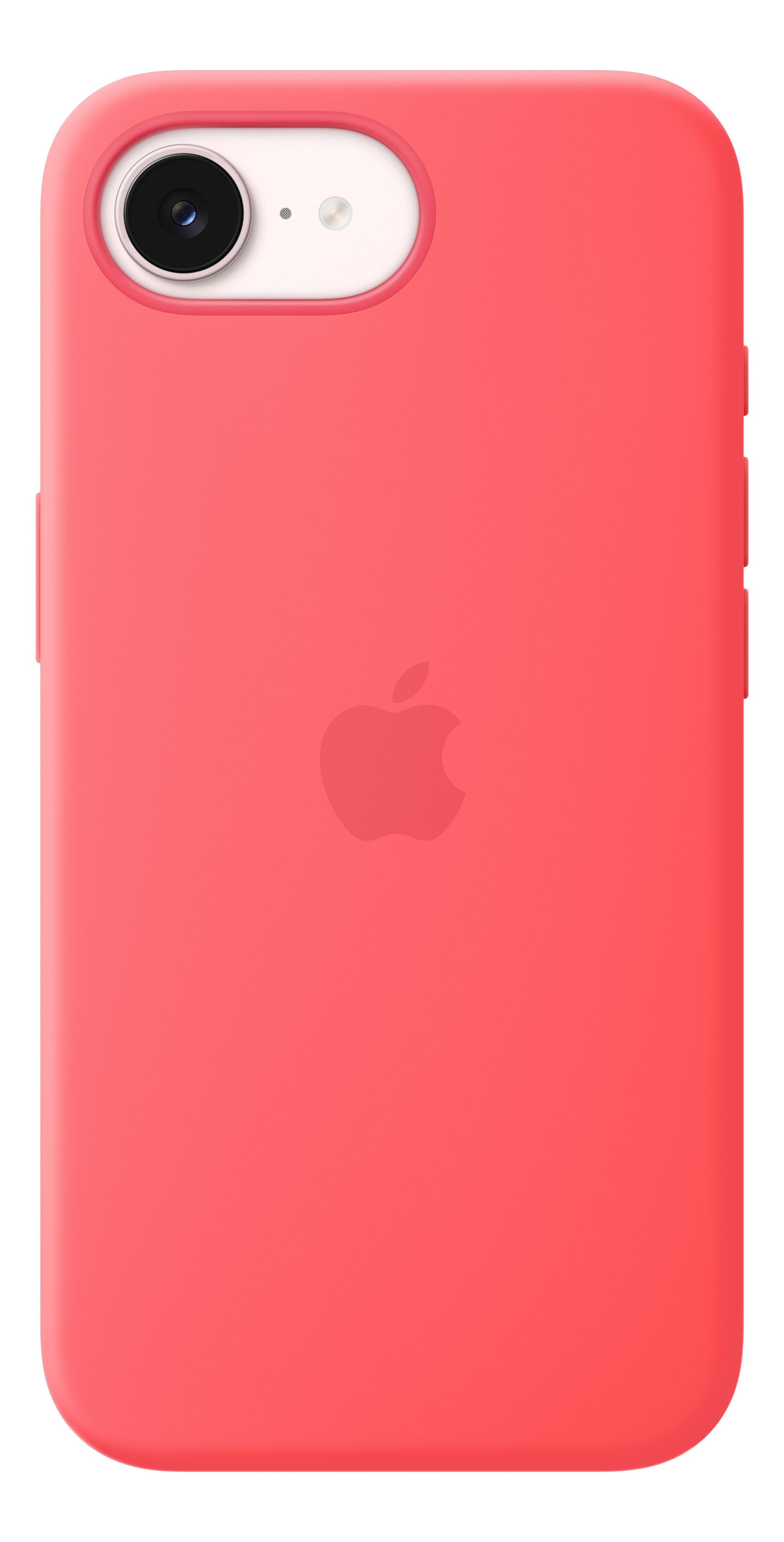 Custodia rossa per iPhone con logo Apple e foro fotocamera.