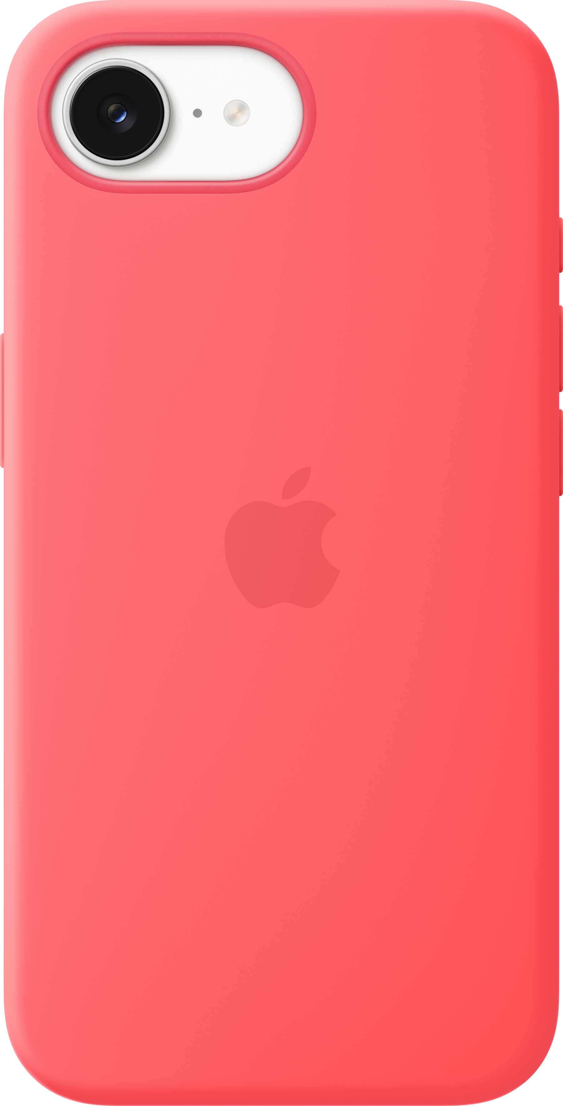 Una cover iPhone rosso corallo con logo Apple e foro fotocamera.