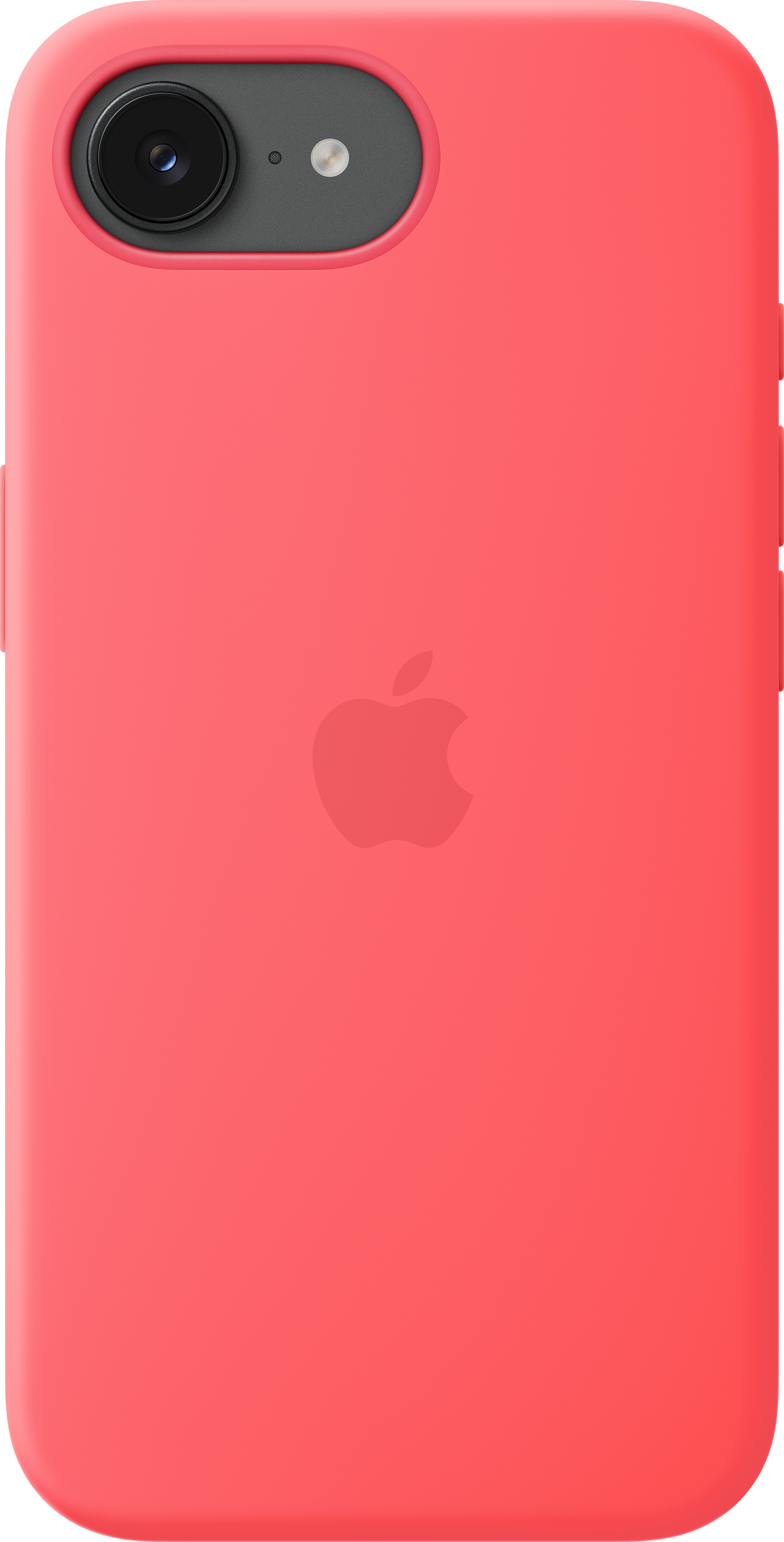 Una cover rossa brillante per telefono con logo Apple e lente fotocamera.