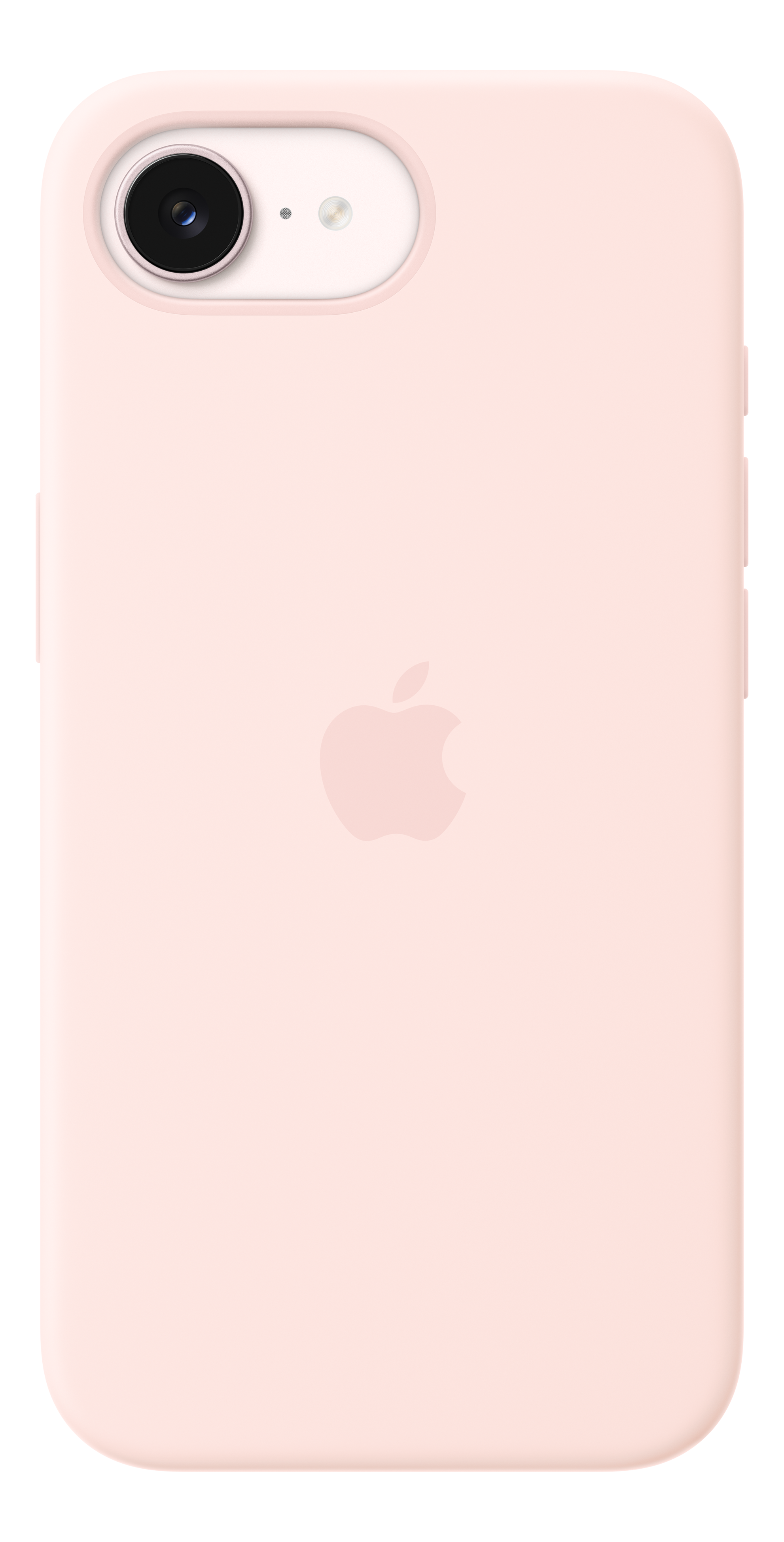 Una custodia rosa chiaro per iPhone con logo Apple e fotocamera posteriore.