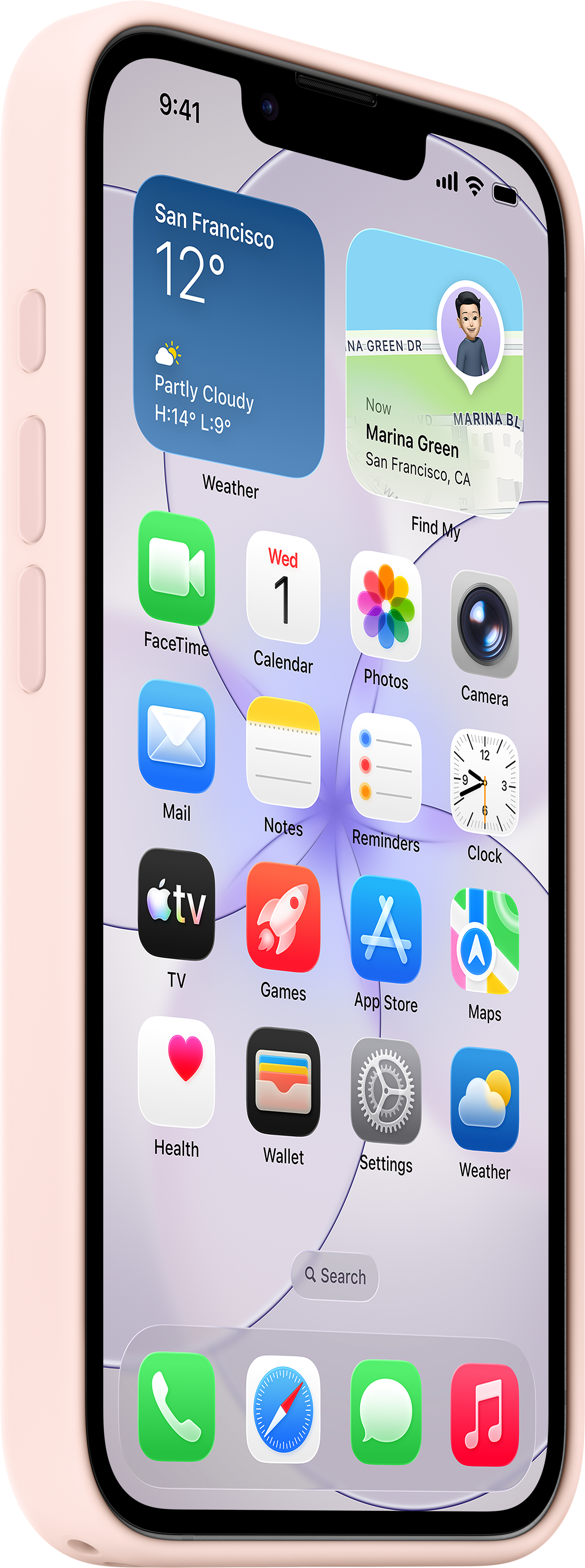Schermata Home iPhone con widget meteo e luogo, e icone delle app.
