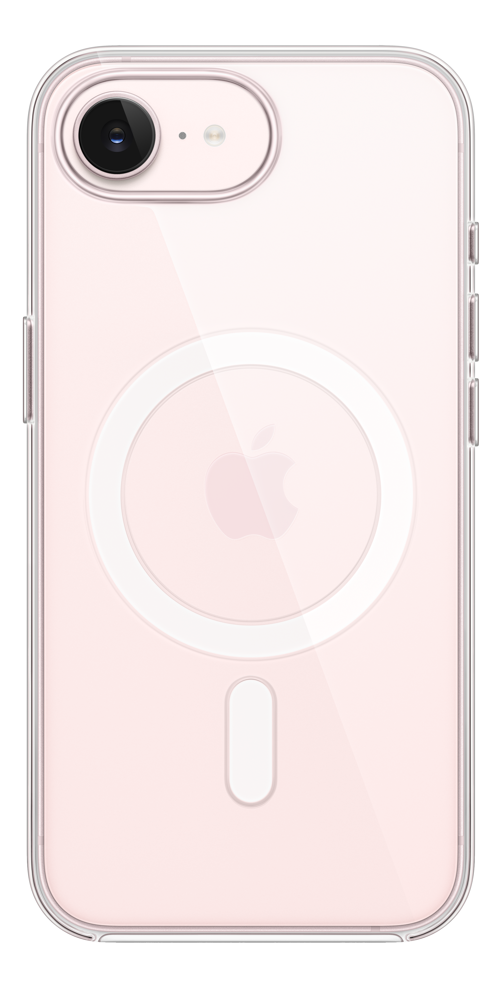 Un iPhone rose avec MagSafe dans un étui transparent, vue arrière.