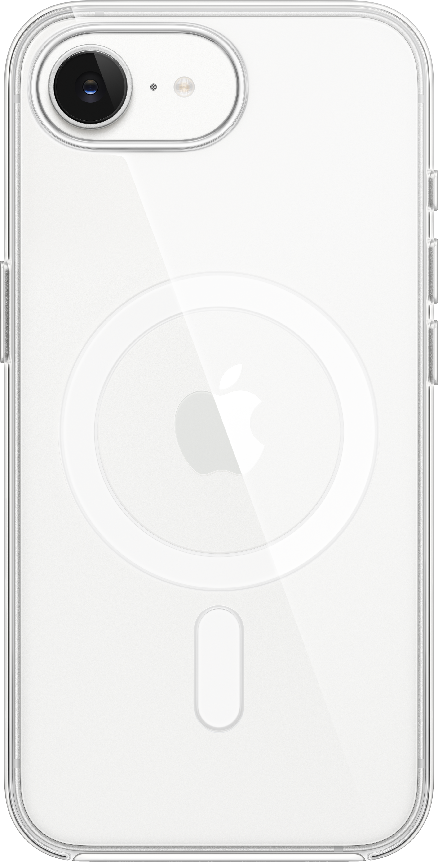 Dos d'un iPhone blanc dans un étui transparent avec logo Apple.