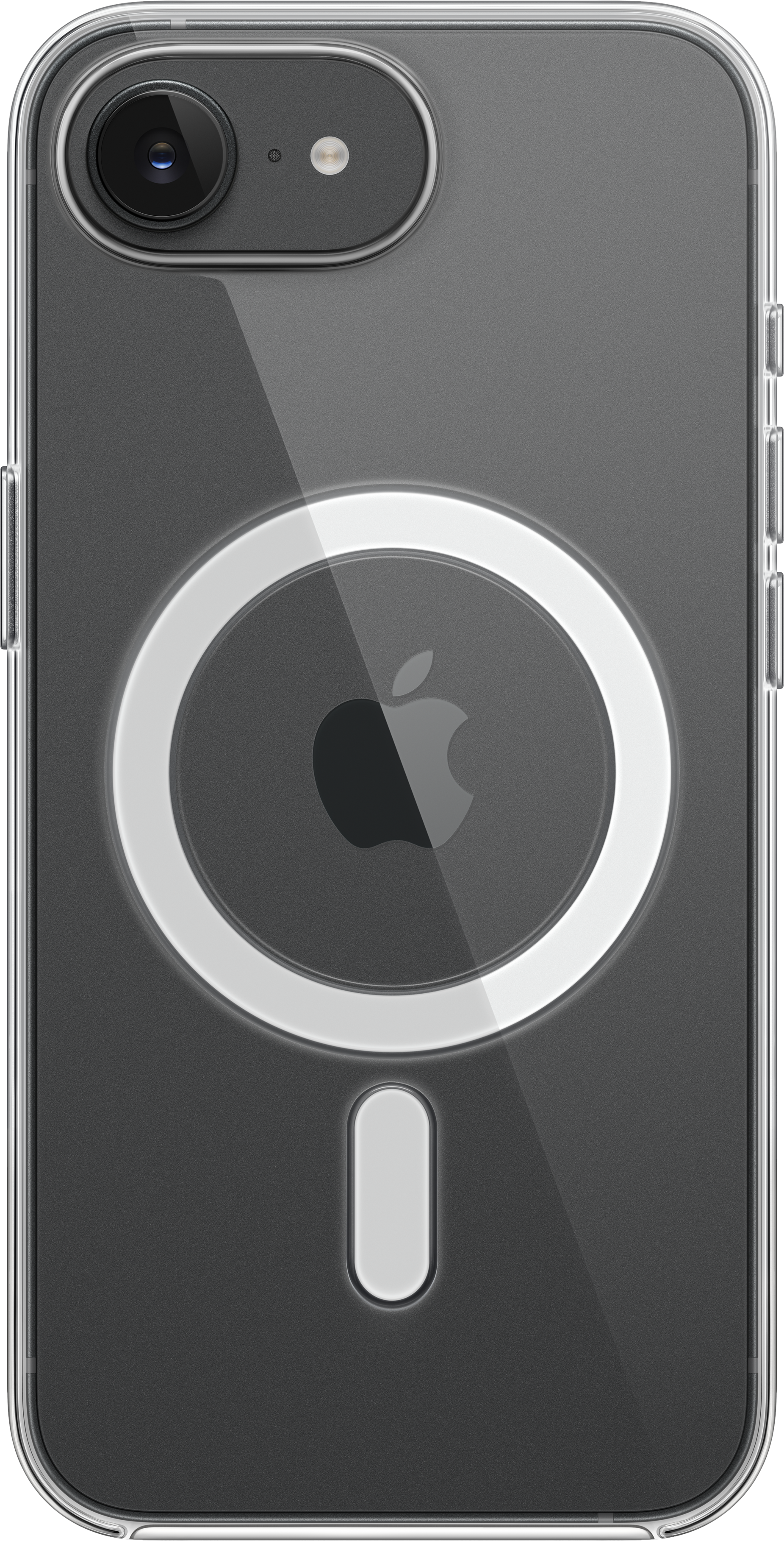 Arrière d'une coque iPhone transparente avec cercle MagSafe.