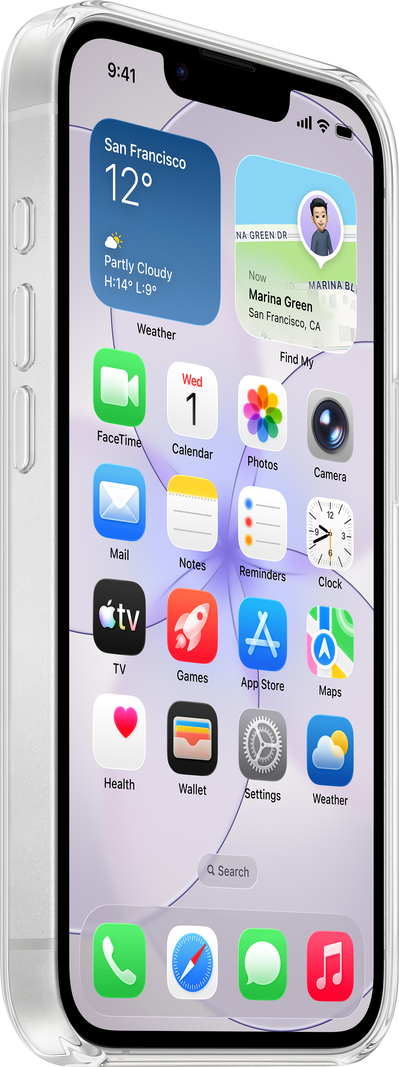 Écran d'iPhone affichant des applications : Météo, Calendrier, Photos, Appareil photo, FaceTime, Mail, Notes, Horloge, TV, Jeux, App Store, Plans, Santé, Portefeuille, Réglages et Téléphone.