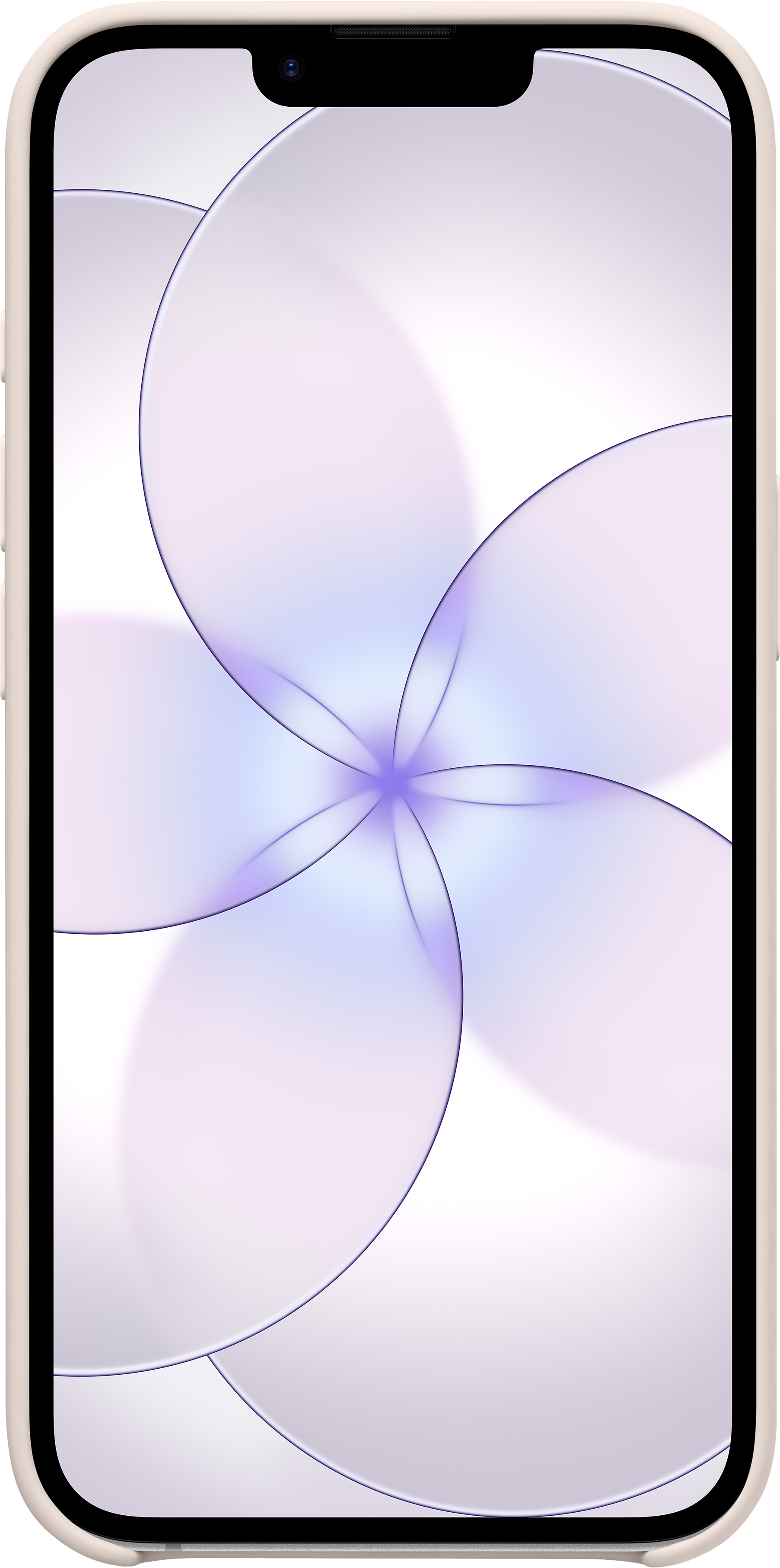 Un smartphone affichant un fond abstrait et floral aux teintes violettes et blanches.