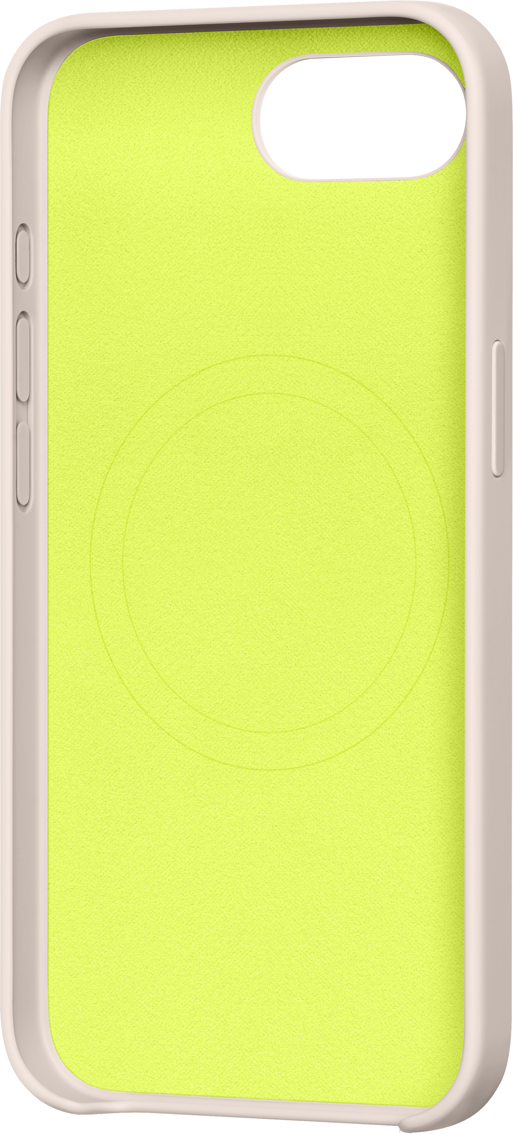 Une coque de téléphone jaune vif avec des boutons gris et un motif circulaire.